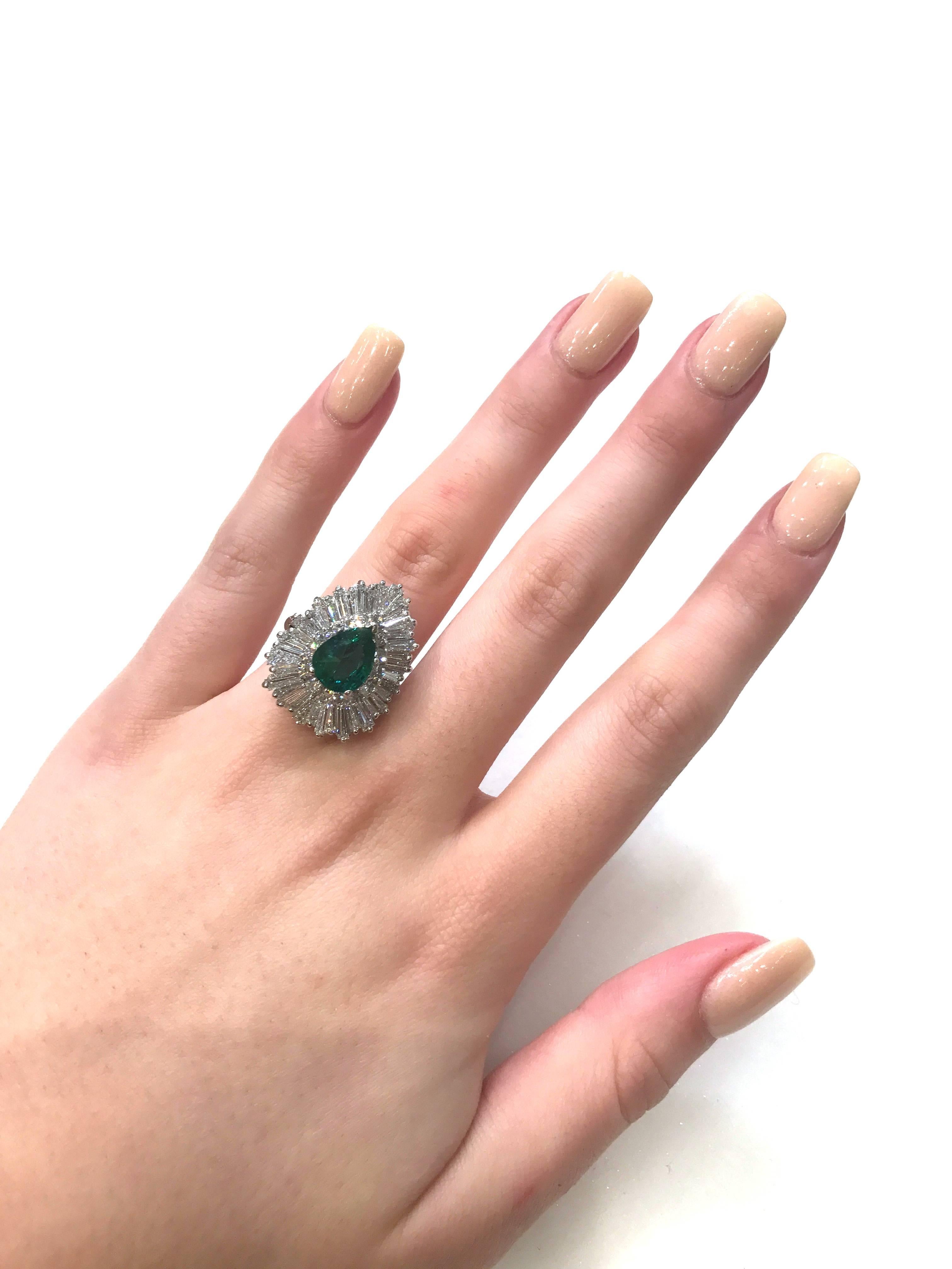Baguette Cut 2.15 Carat Pear Shaped Colombian Emerald and 3.95 Carat Diamond Cocktail Ring For Sale