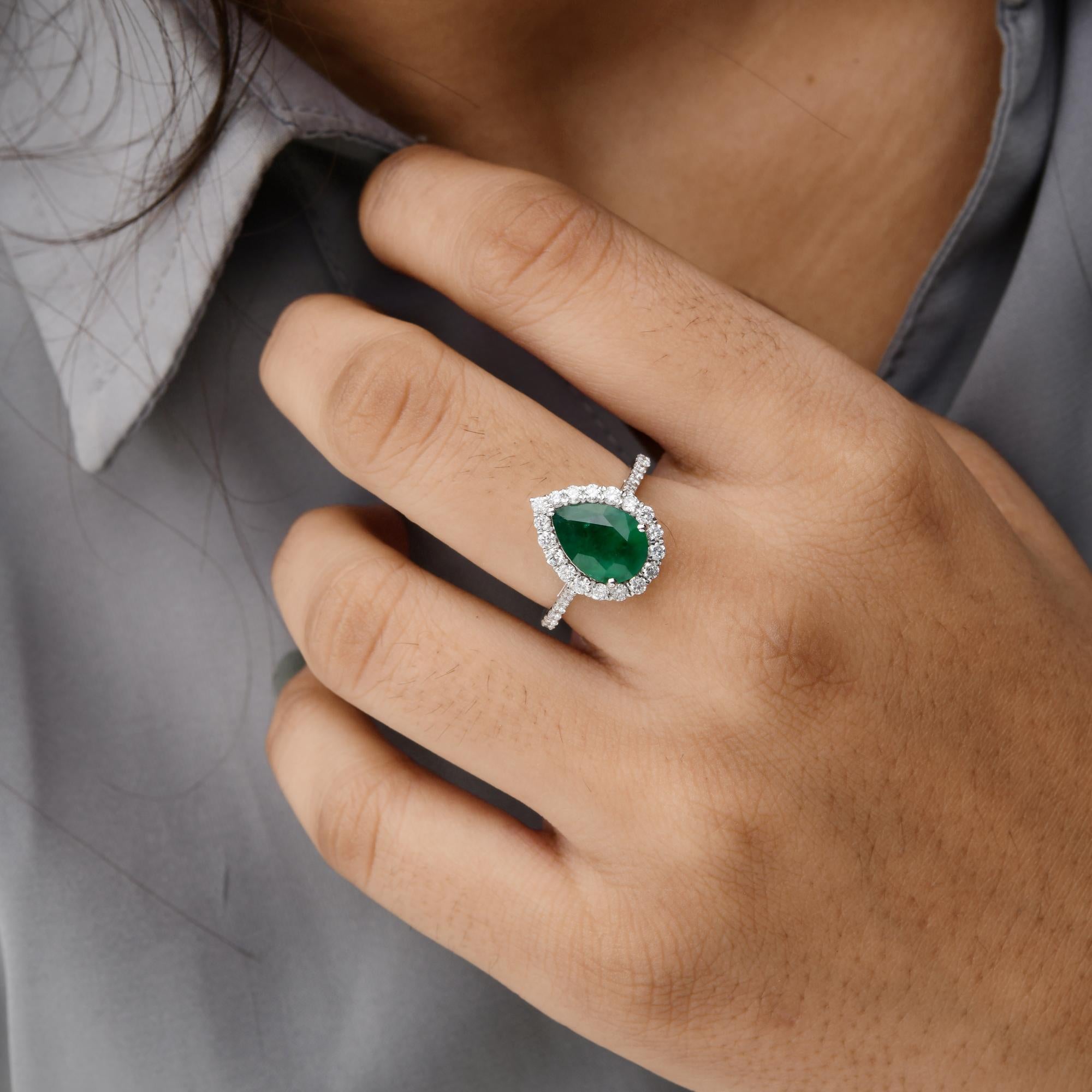 Modern 2.15 Carat Pear Zambian Emerald Gemstone Ring SI/H Diamond 14 Karat White Gold For Sale
