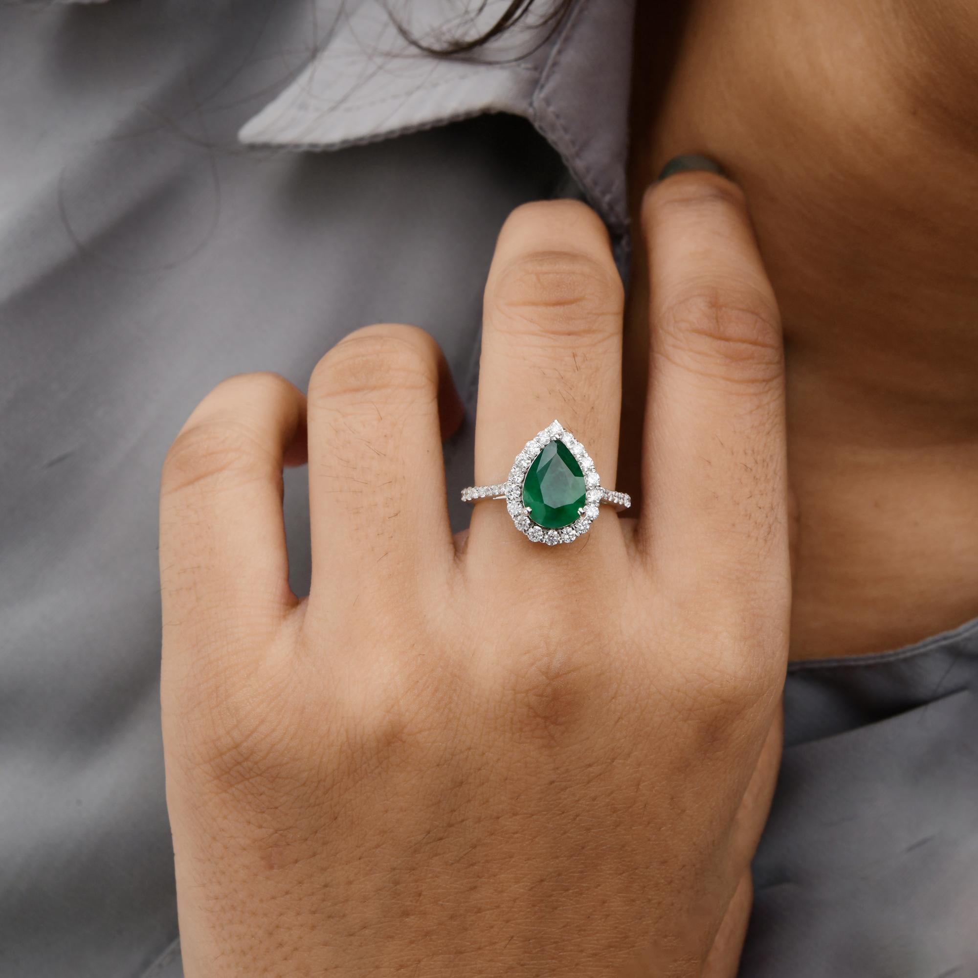 Pear Cut 2.15 Carat Pear Zambian Emerald Gemstone Ring SI/H Diamond 14 Karat White Gold For Sale