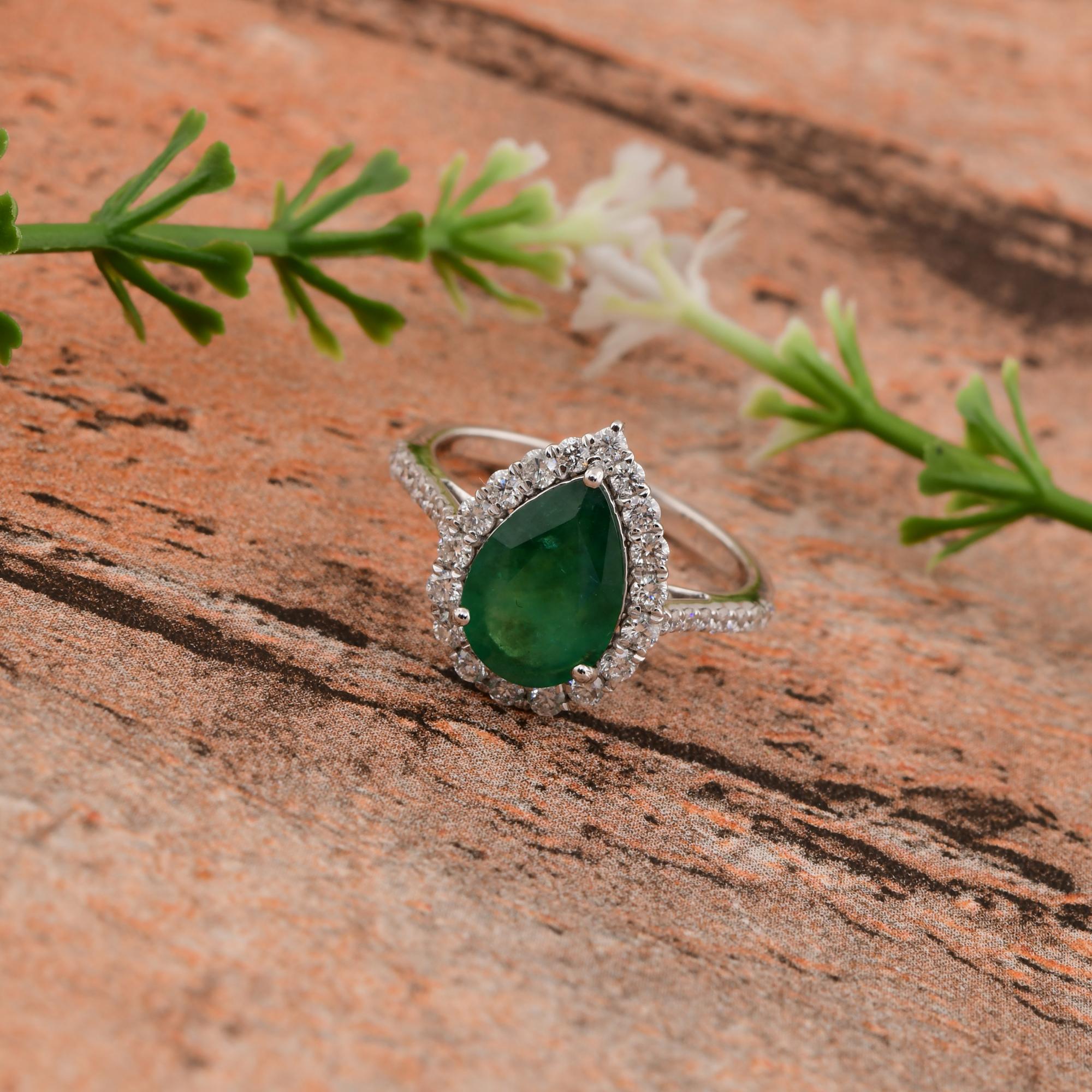 Women's 2.15 Carat Pear Zambian Emerald Gemstone Ring SI/H Diamond 14 Karat White Gold For Sale