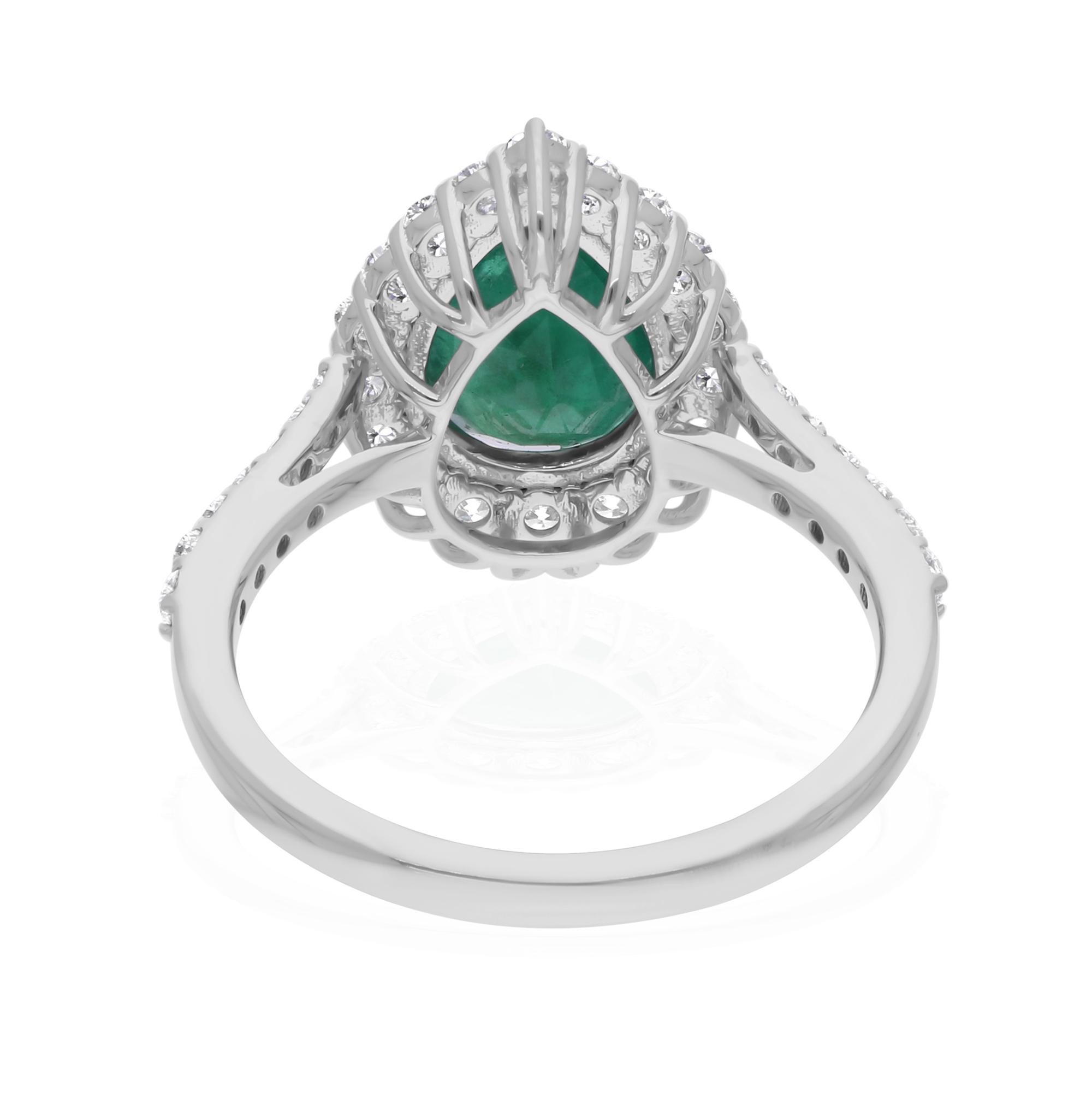 2.15 Carat Pear Zambian Emerald Gemstone Ring SI/H Diamond 14 Karat White Gold For Sale 1