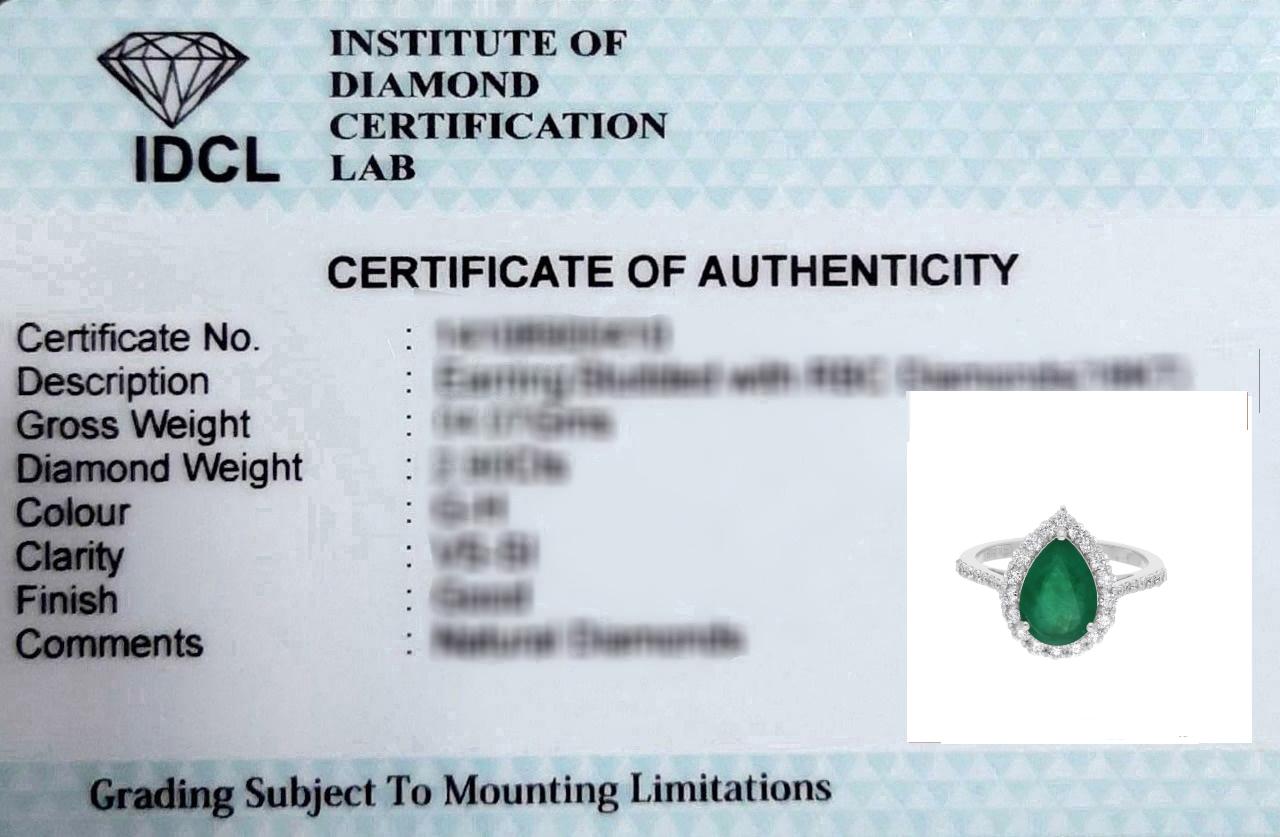 2.15 Carat Pear Zambian Emerald Gemstone Ring SI/H Diamond 14 Karat White Gold For Sale 2