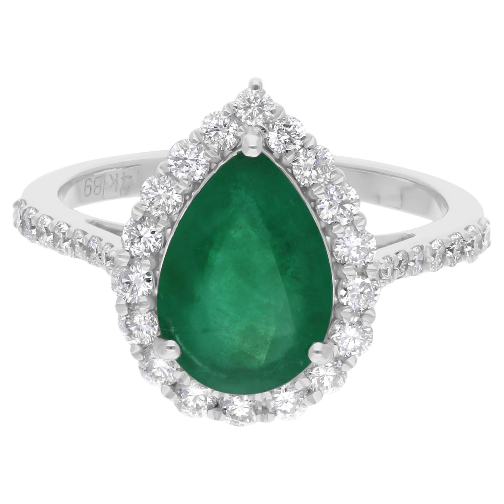 Bague en or blanc 14 carats avec émeraude de Zambie poire de 2,15 carats, diamant SI/H