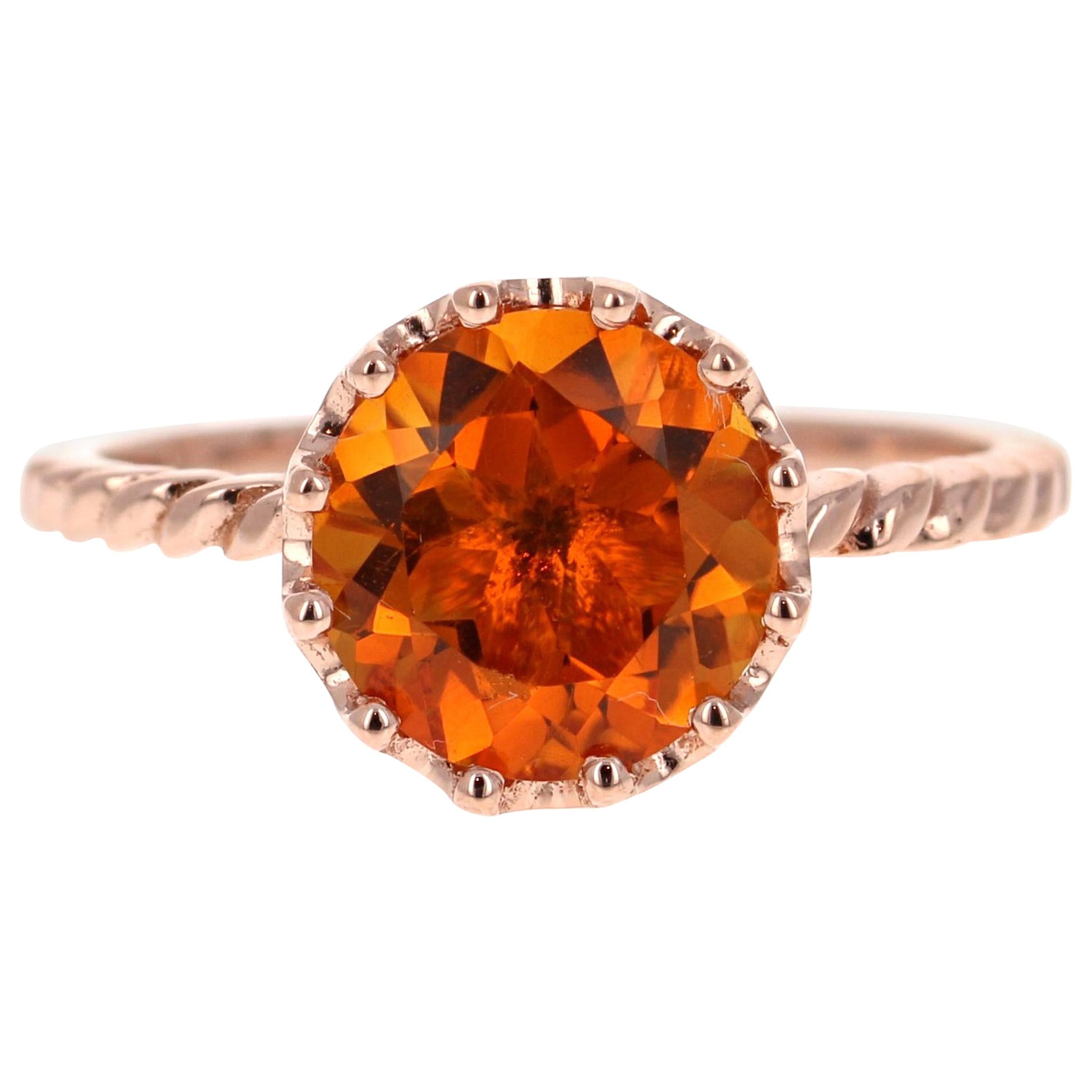 2.15 Carat Round Cut Citrine Quartz Rose Gold Ring For Sale