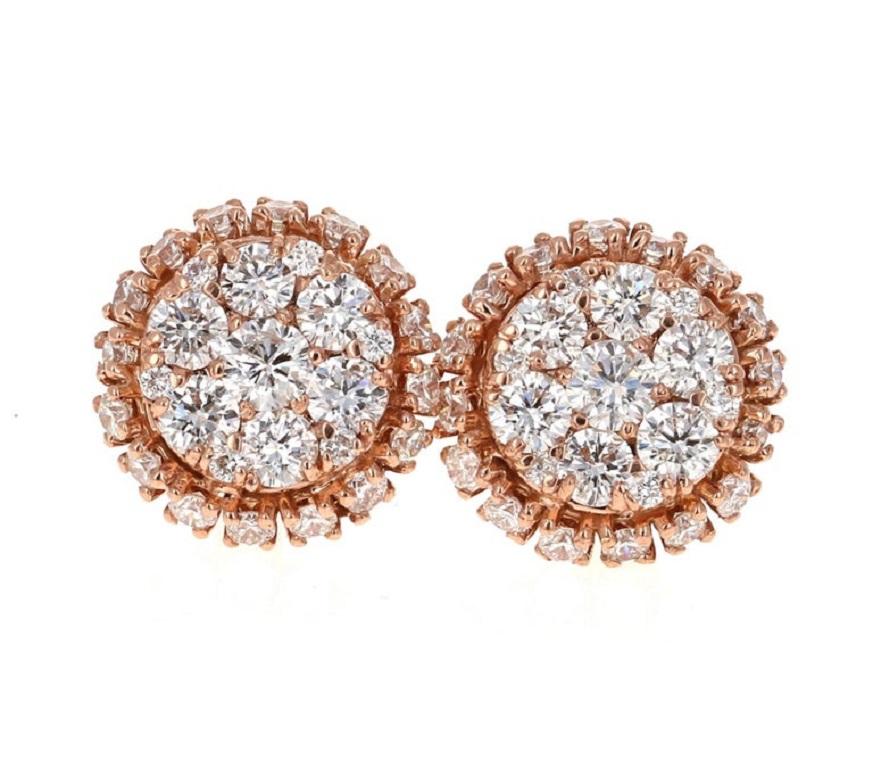Taille ronde 2.15 Carat Round Cut Diamond 14 Karat Rose Gold Cluster Earrings en vente