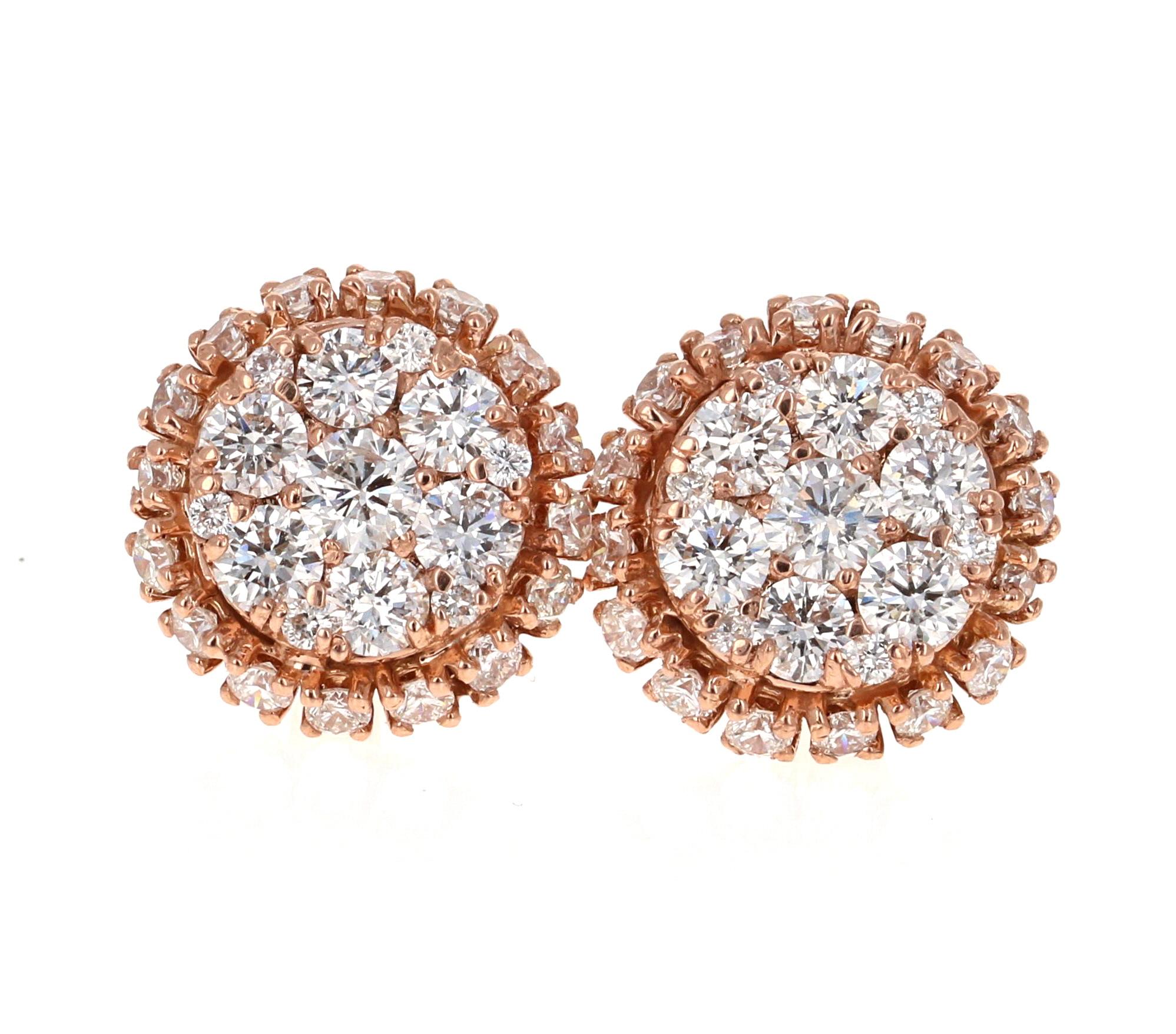 Modern 2.15 Carat Round Cut Diamond Rose Gold Cluster Stud Earrings