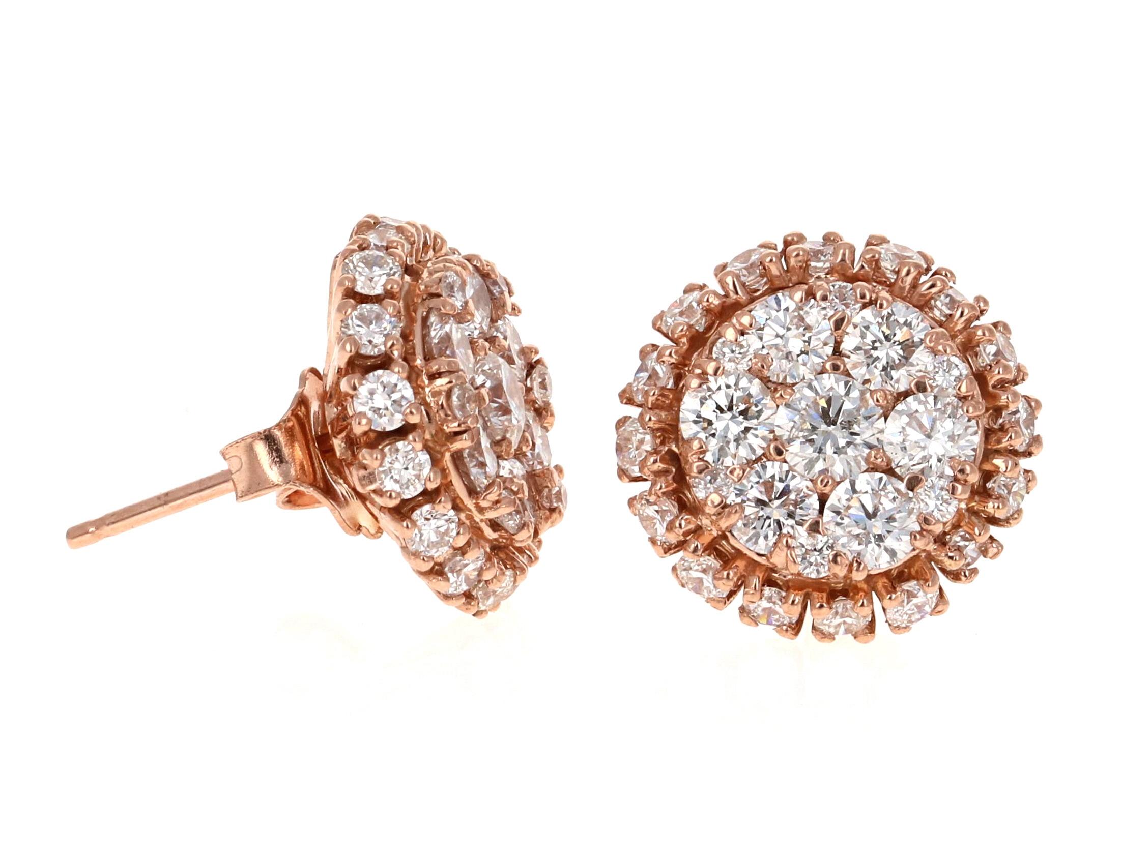 2.15 Carat Round Cut Diamond Rose Gold Cluster Stud Earrings In New Condition In Los Angeles, CA