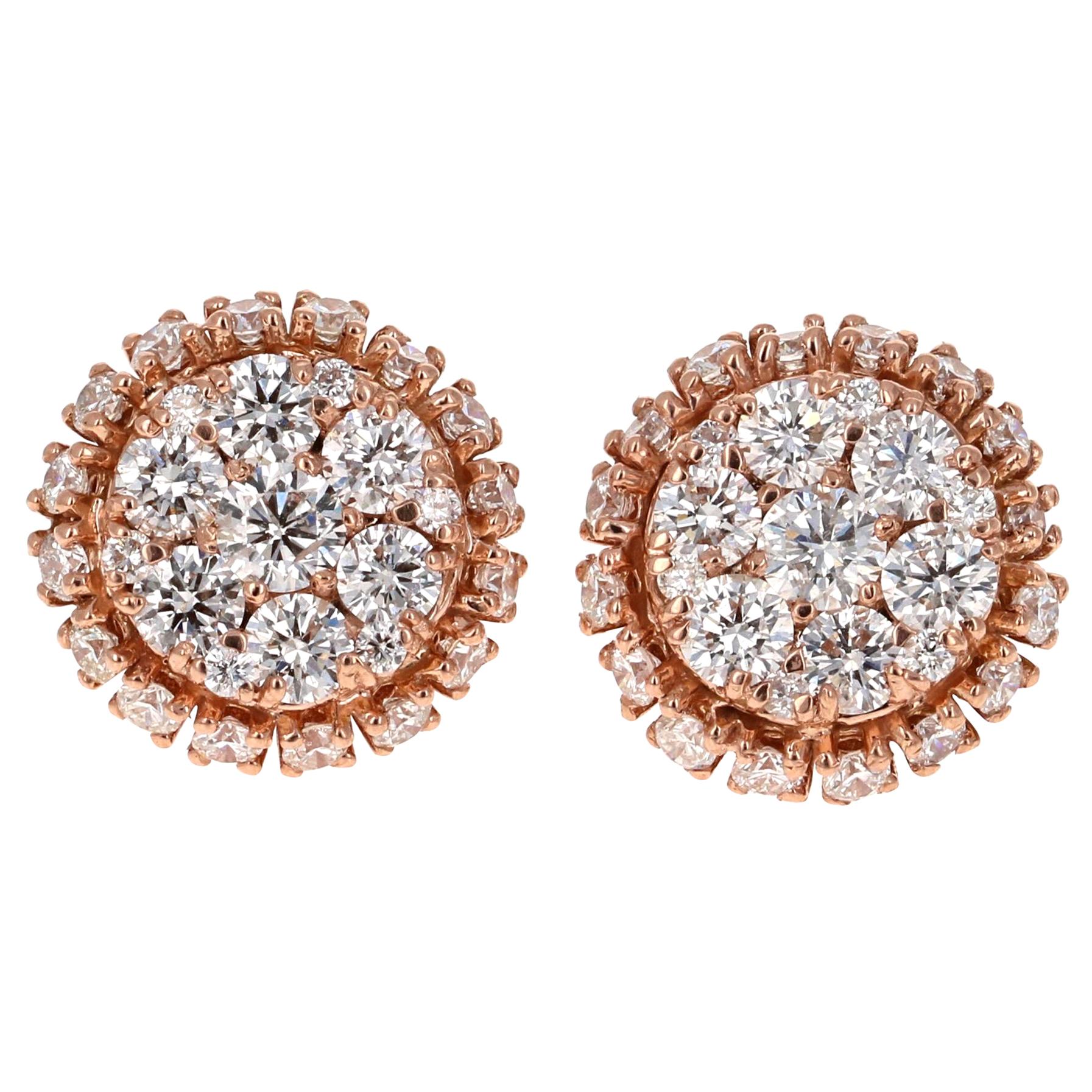 2.15 Carat Round Cut Diamond Rose Gold Cluster Stud Earrings