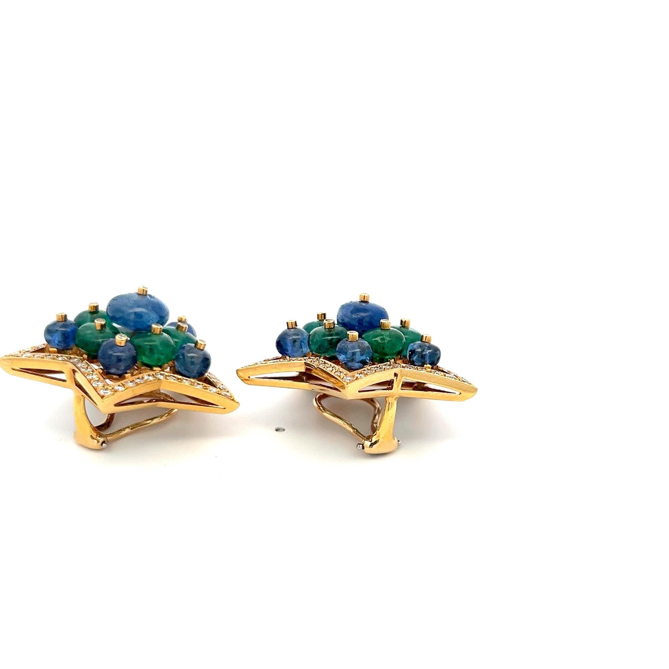 Taglio brillante 2,15 carati di diamante rotondo 6,5 mm di smeraldo 5-9 mm di zaffiro 18K YG Orecchini a clip in vendita