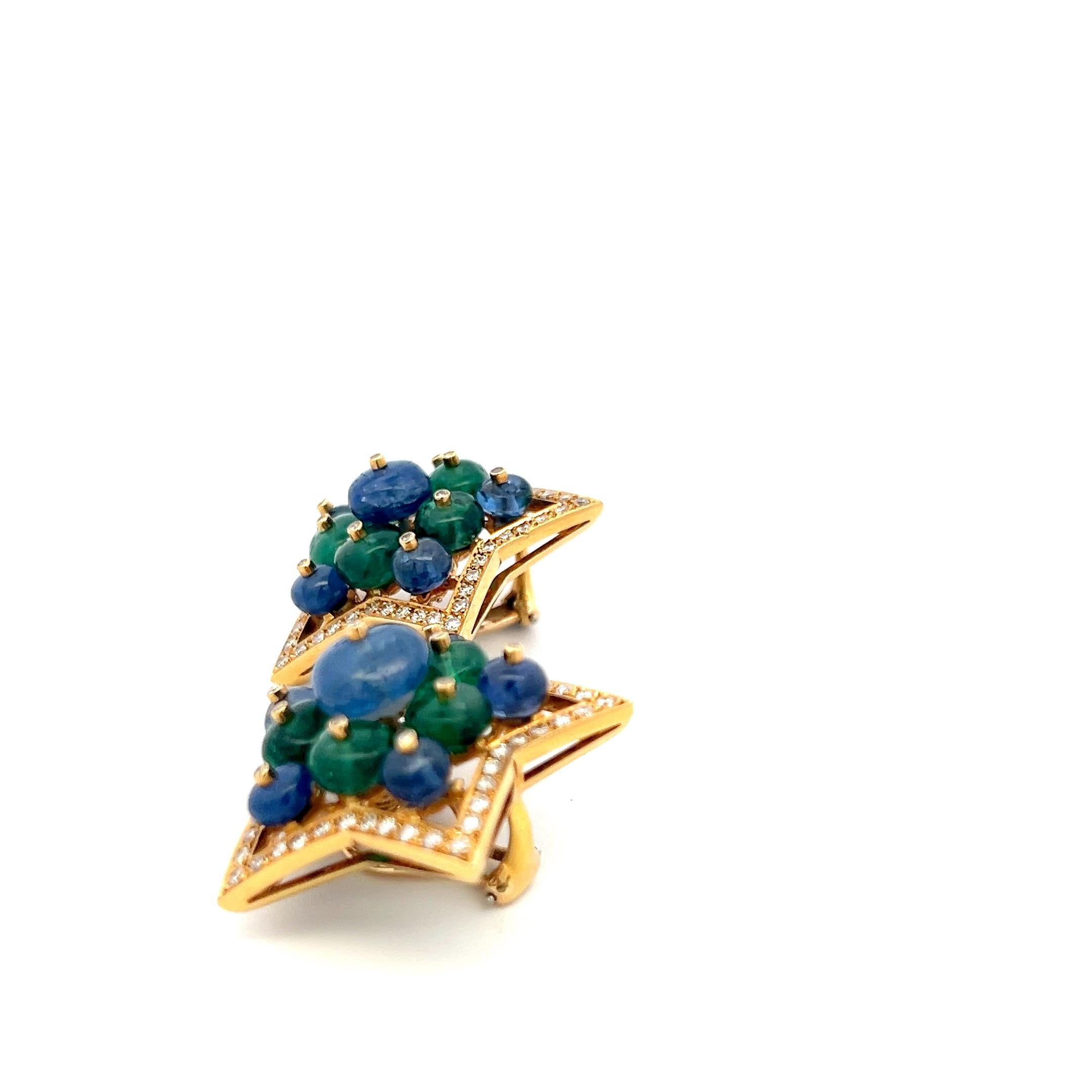 2.15 Carat Round Diamond 6.5MM Emerald 5-9MM Sapphire 18K YG Clip on Earrings In Good Condition For Sale In New York, NY