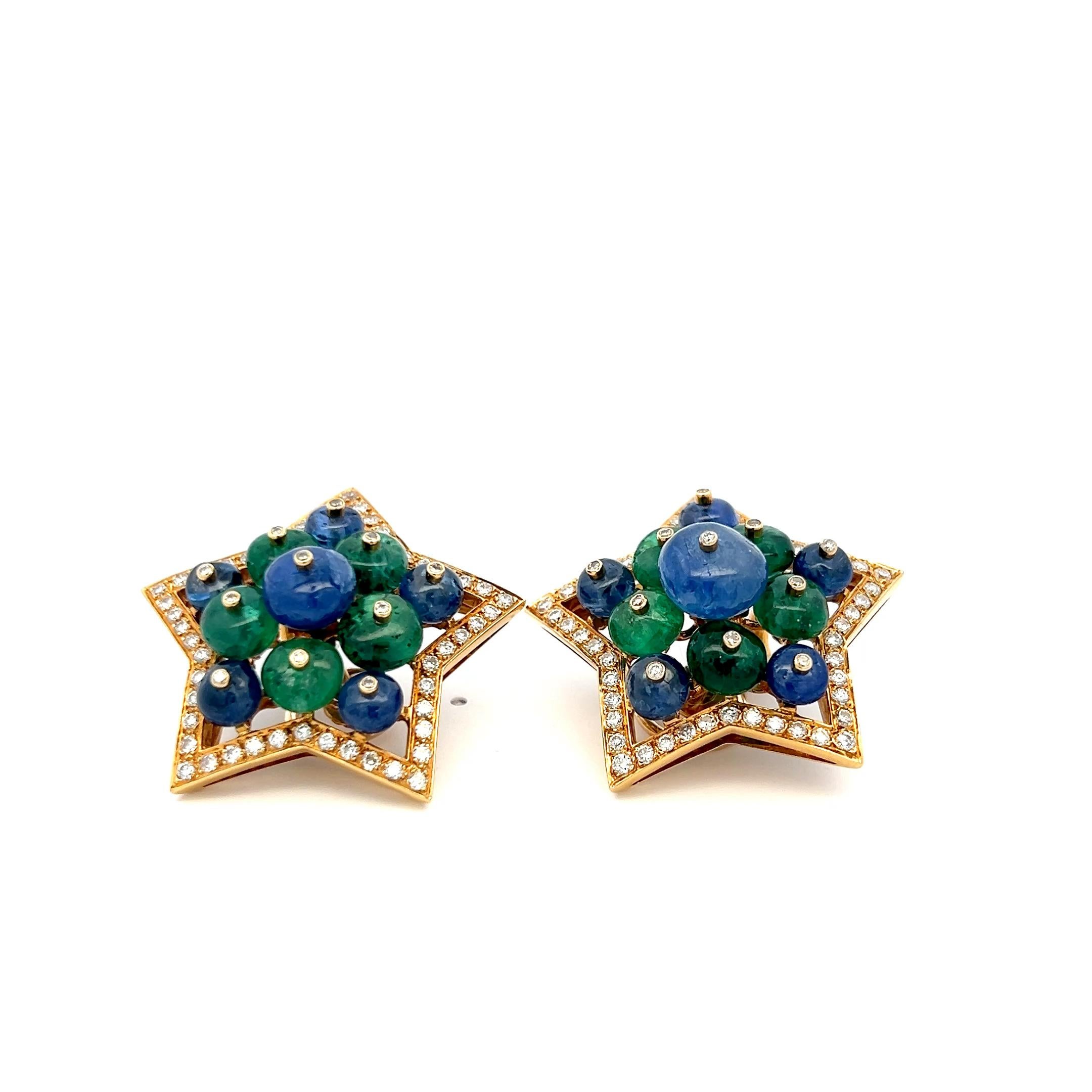 Donna 2,15 carati di diamante rotondo 6,5 mm di smeraldo 5-9 mm di zaffiro 18K YG Orecchini a clip in vendita