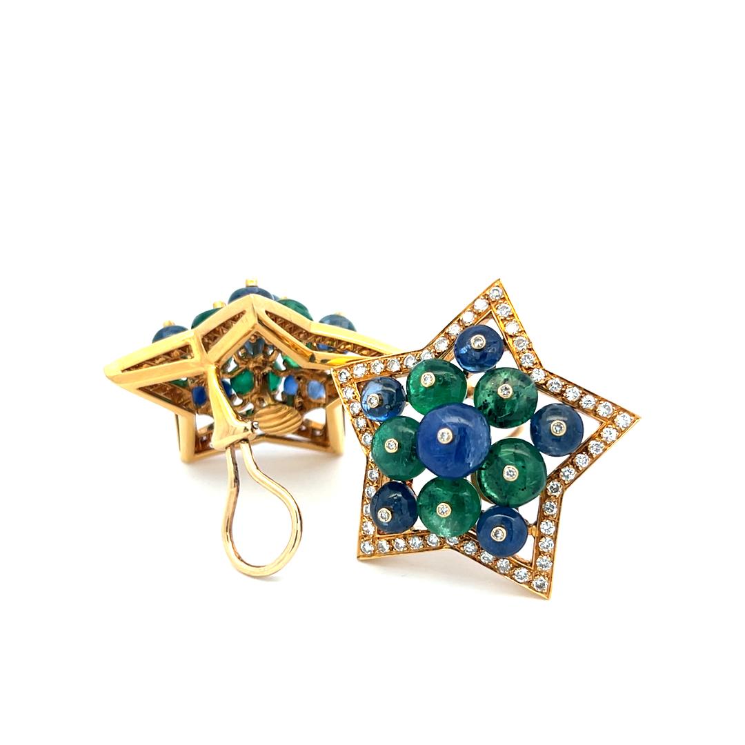 2,15 carati di diamante rotondo 6,5 mm di smeraldo 5-9 mm di zaffiro 18K YG Orecchini a clip in vendita 1