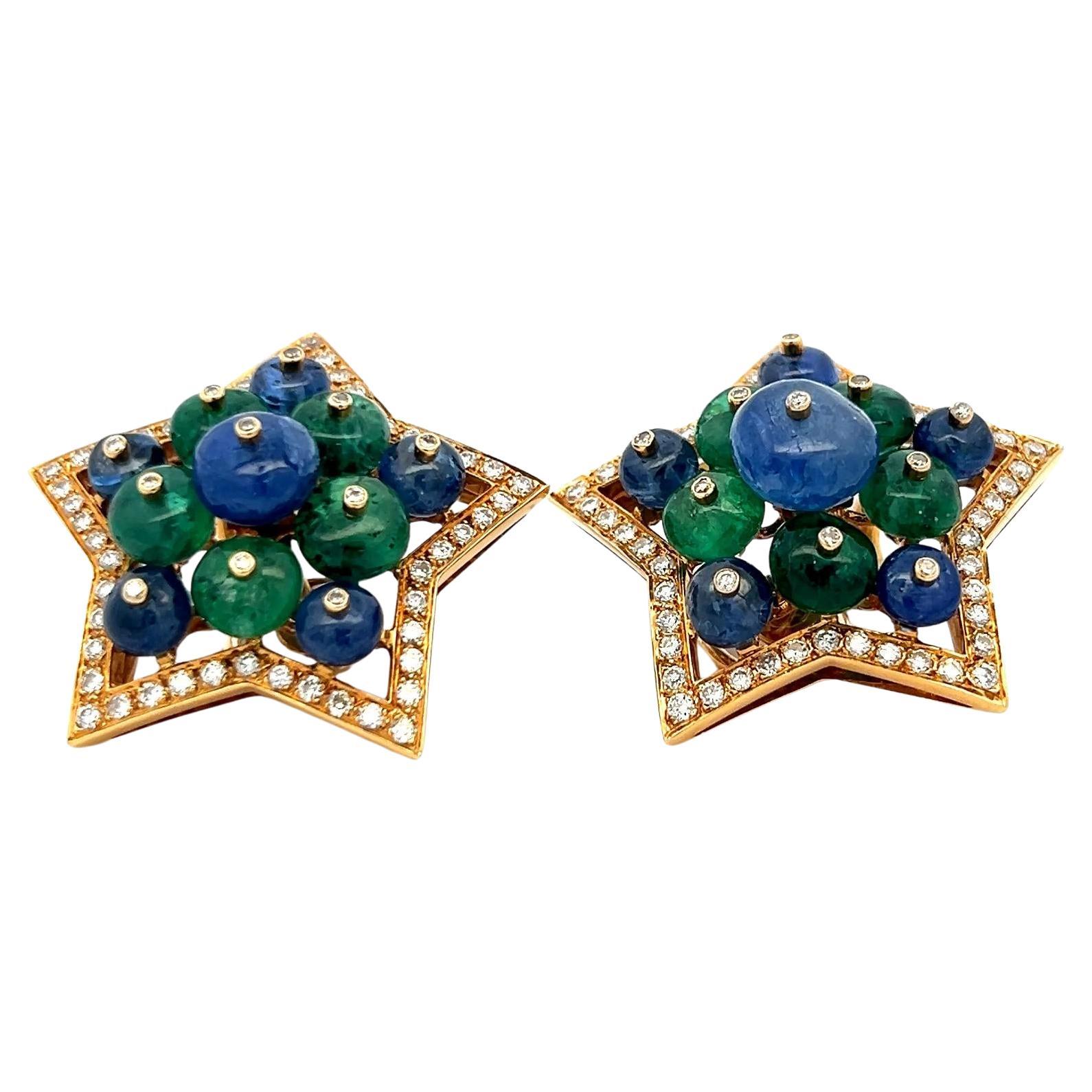2.15 Carat Round Diamond 6.5MM Emerald 5-9MM Sapphire 18K YG Clip on Earrings