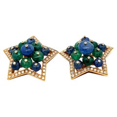 2.15 Carat Round Diamond 6.5MM Emerald 5-9MM Sapphire 18K YG Clip on Earrings