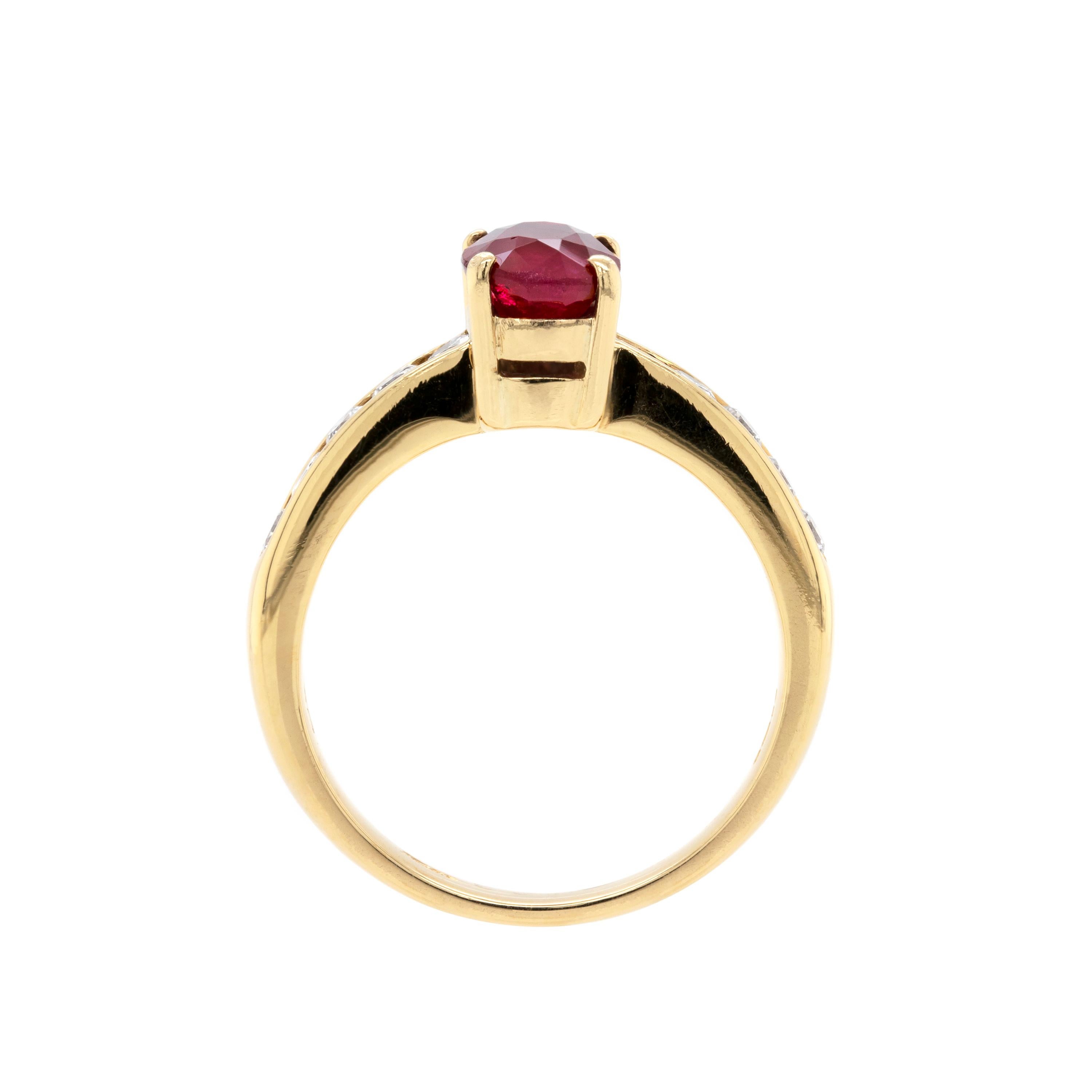 Oval Cut 2.15 Carat Ruby and Diamond 18 Carat Yellow Gold Engagement Ring For Sale