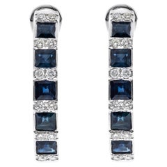 Vintage 2.15 Carat Square-Cut Blue Sapphire Diamond Accents 14K White Gold Earring