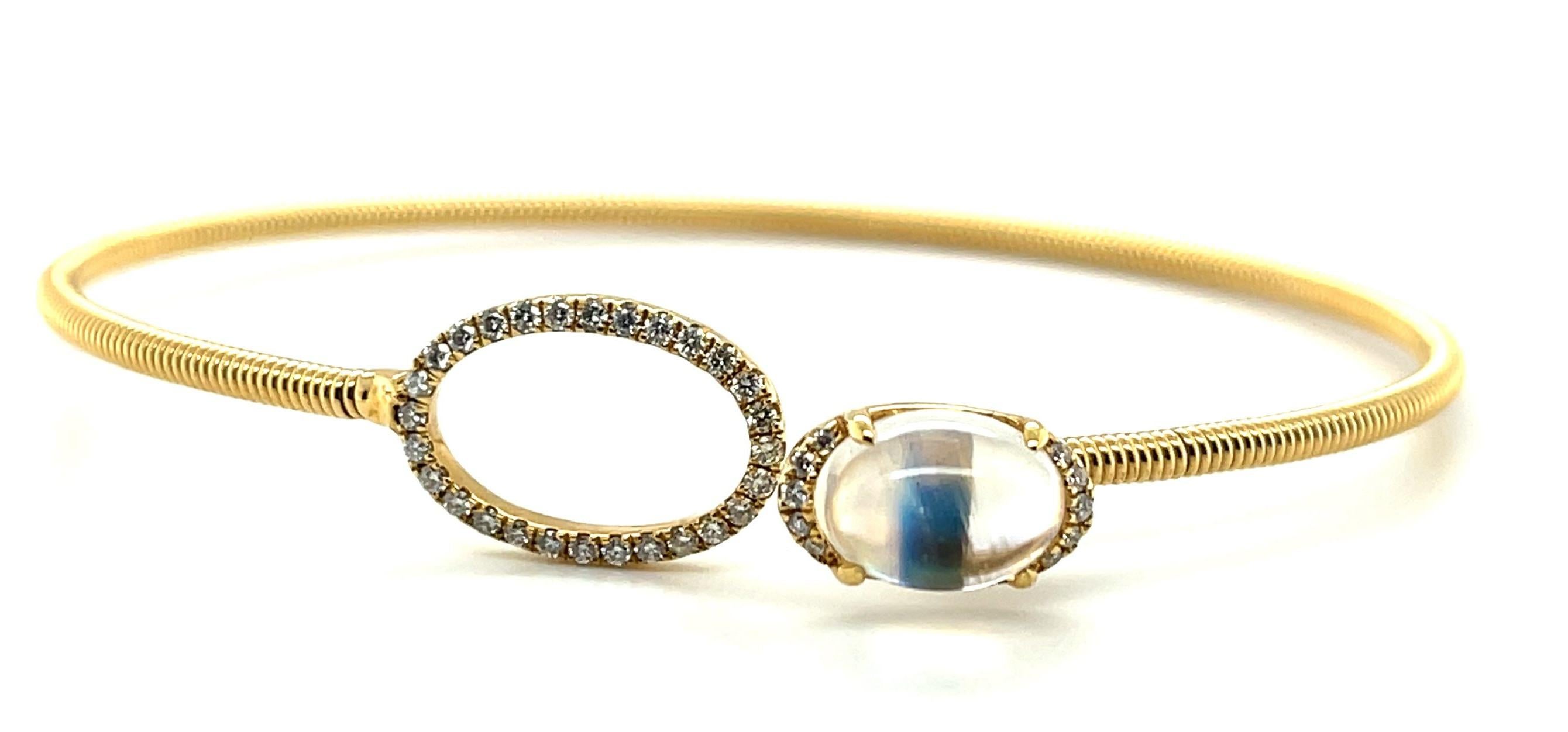 Women's 2 Carat Moonstone Cabochon and Diamond Bangle Bracelet in Yellow Gold