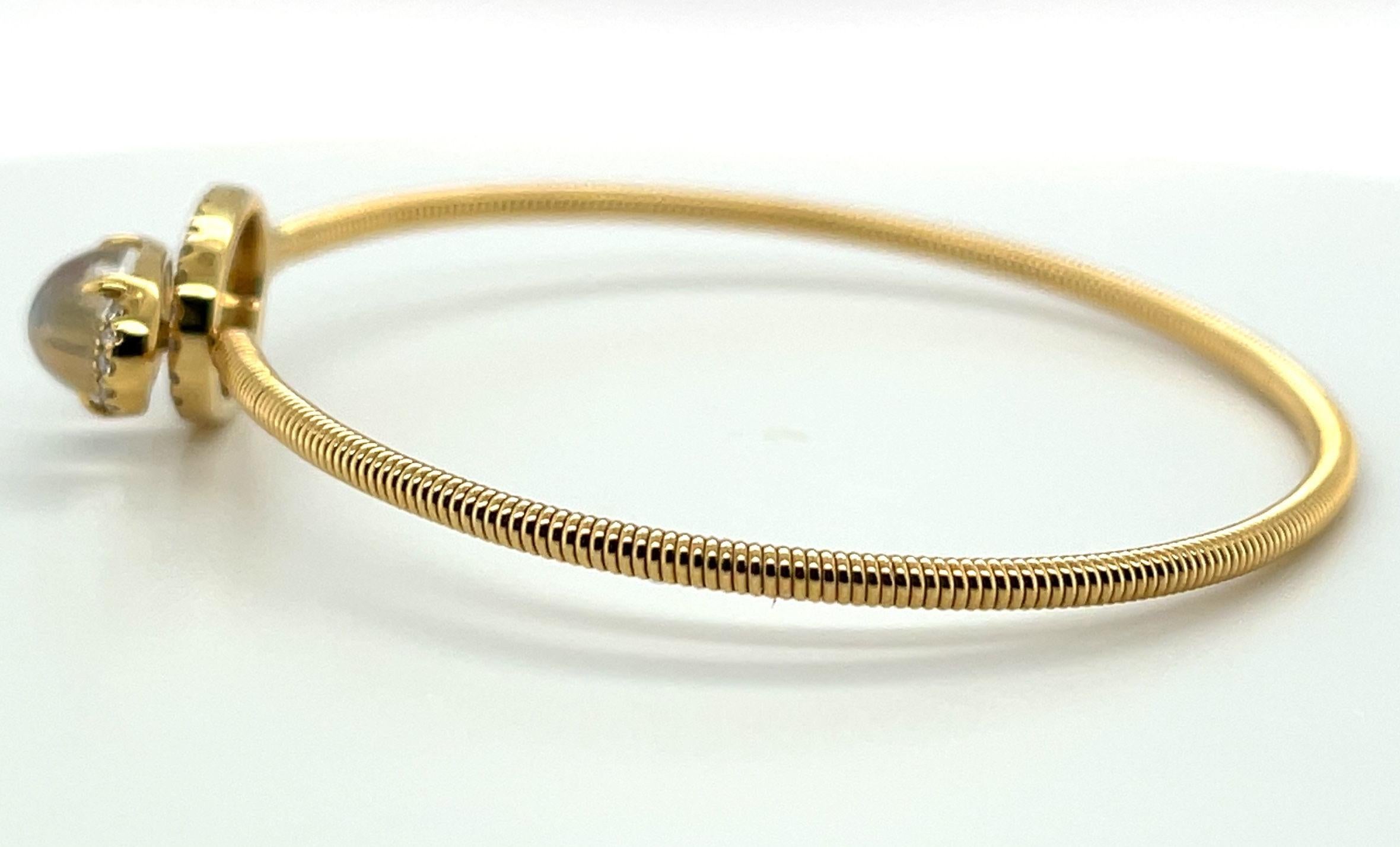 Oval Cut 2 Carat Moonstone Cabochon and Diamond Bangle Bracelet in Yellow Gold