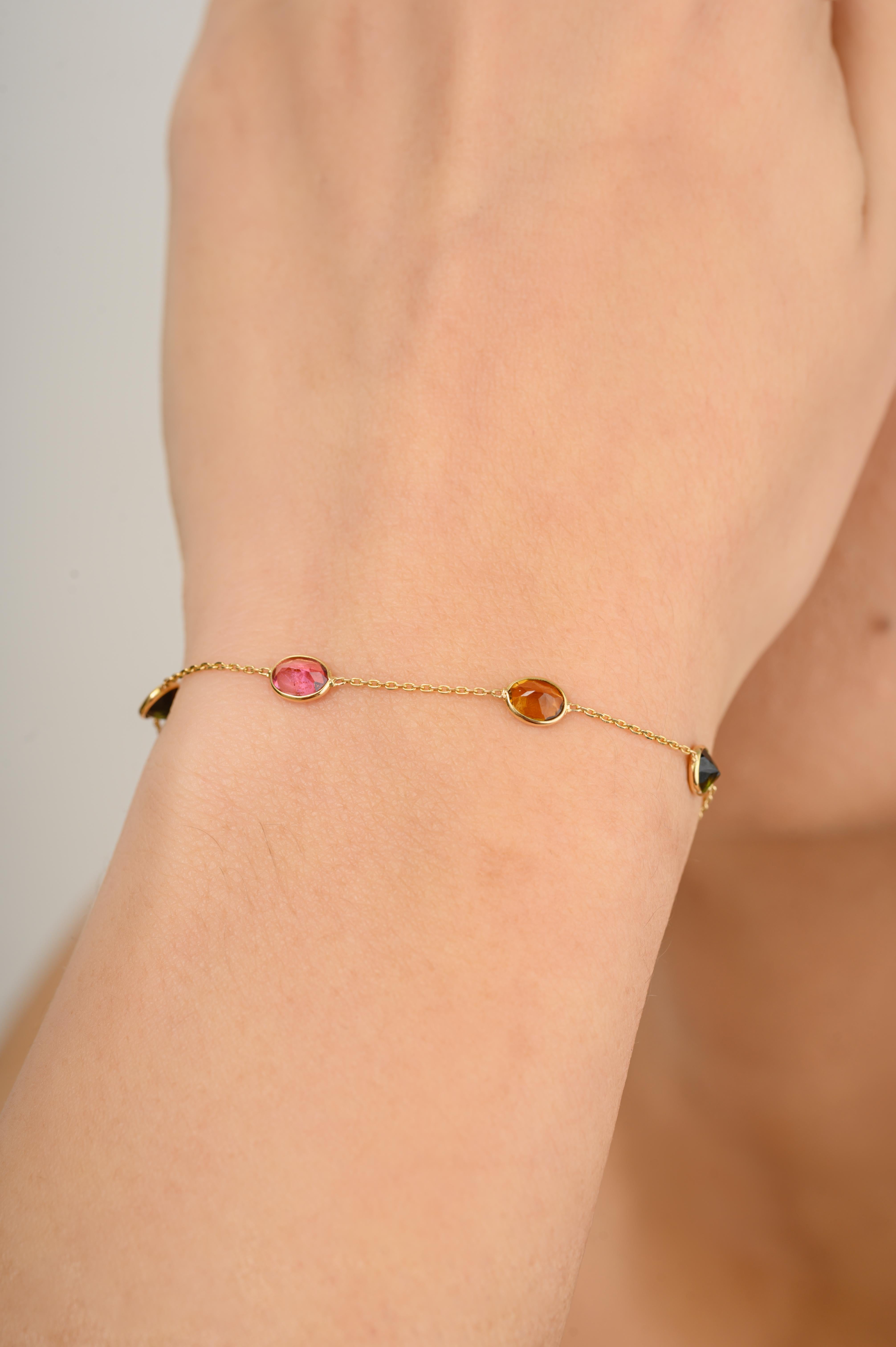 Taille ovale Bracelet chaîne empilable en or jaune massif 18 carats avec tourmaline de 2,15 carats en vente