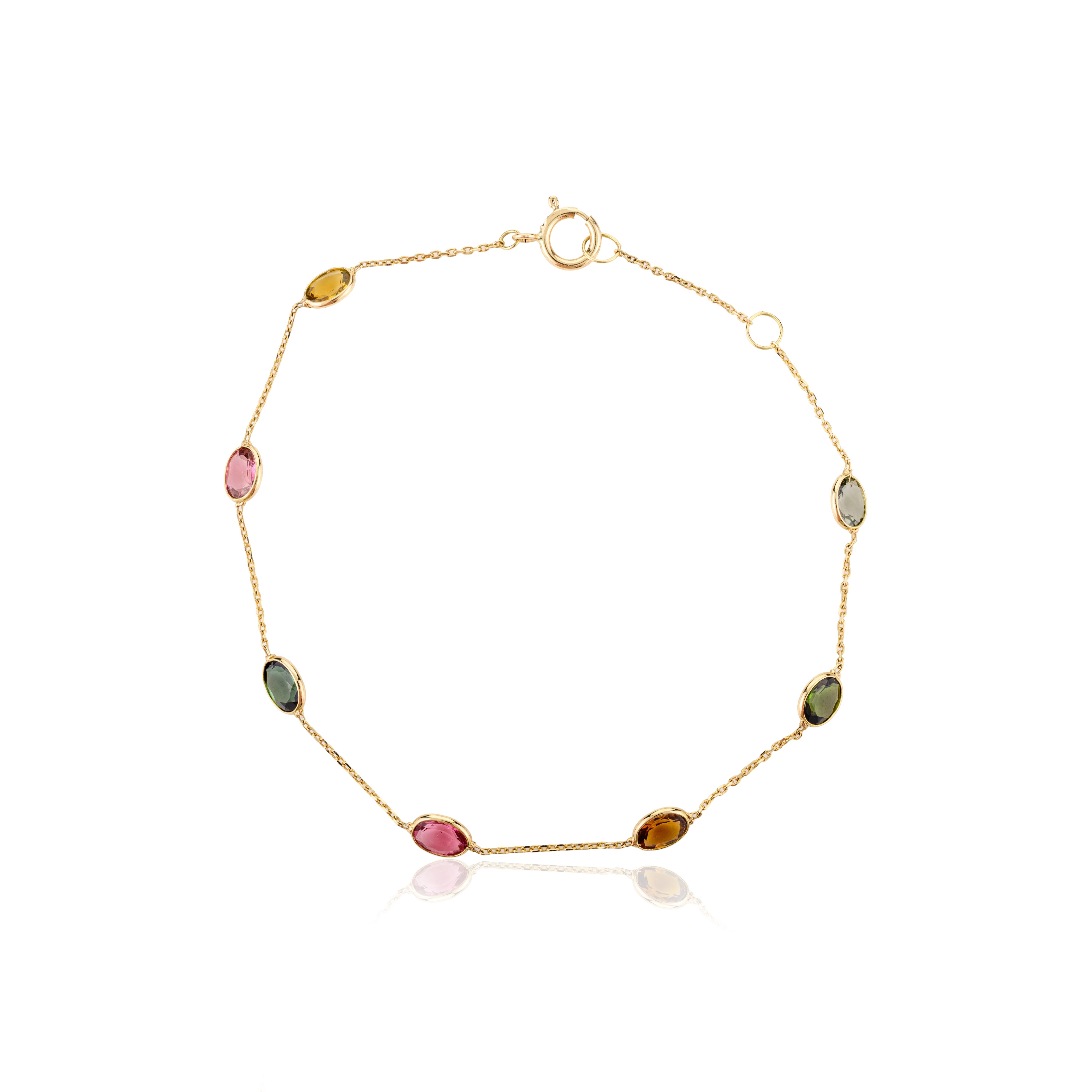 Bracelet chaîne empilable en or jaune massif 18 carats avec tourmaline de 2,15 carats Pour femmes en vente