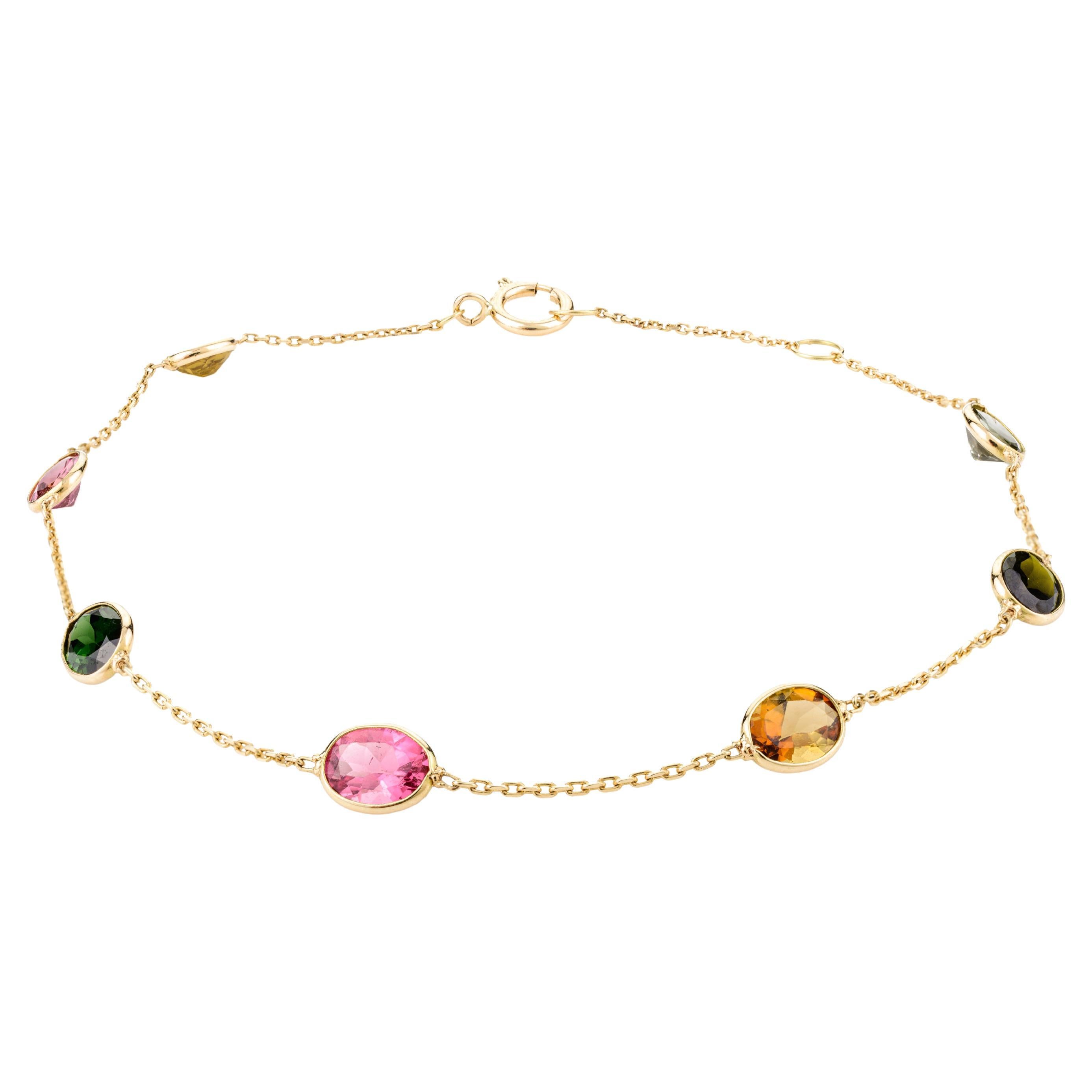 Stapelbares Stationskette-Armband aus 18 Karat massivem Gelbgold mit 2,15 Karat Turmalin