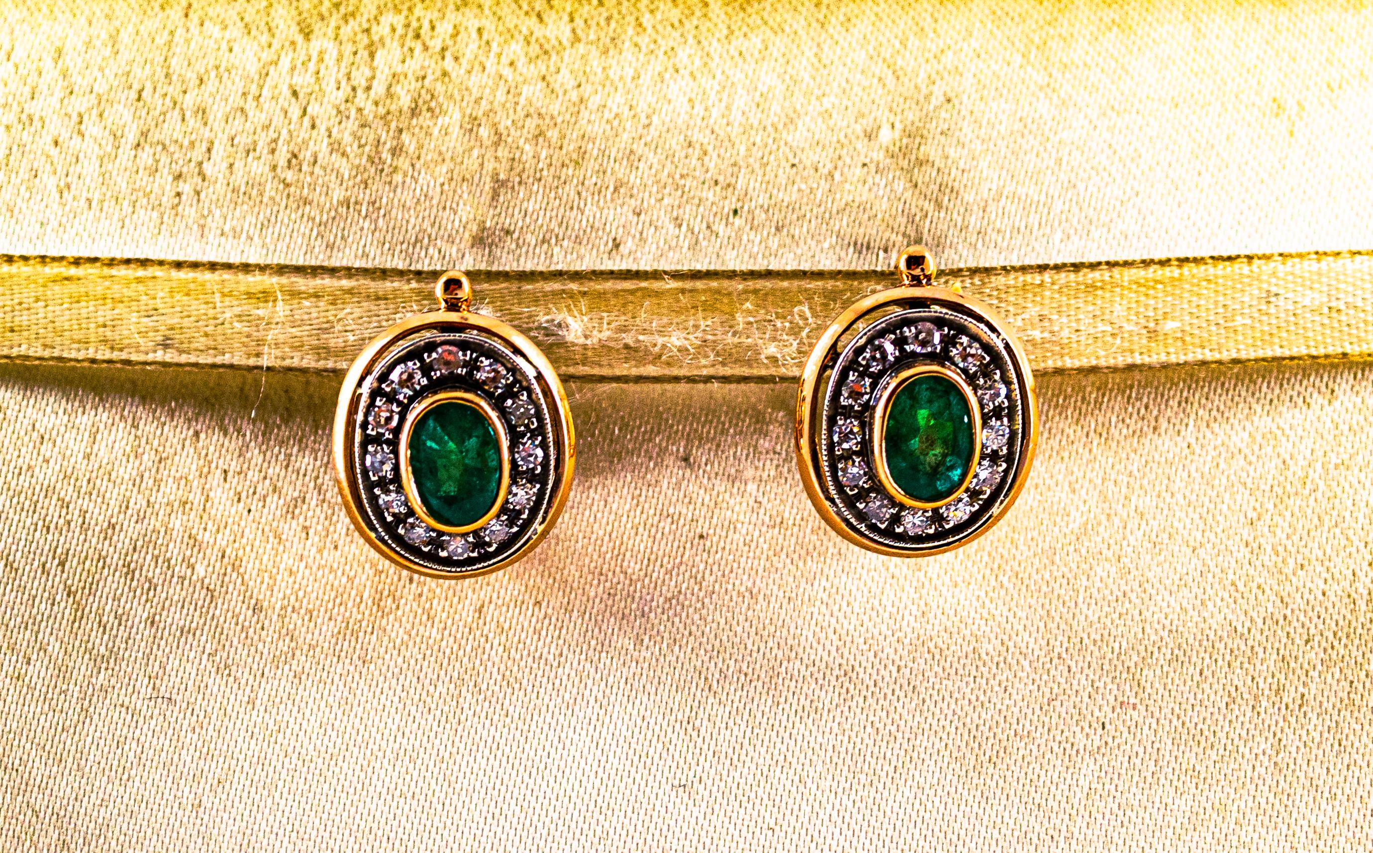 These Lever-Back Earrings are made of 9K Yellow Gold and Sterling Silver.
These Earrings have 0.45 Carats of White Modern Round Cut Diamonds.
These Earrings have 1.70 Carat of Oval Cut Emeralds.

These Earrings have also their matching Ring.
These