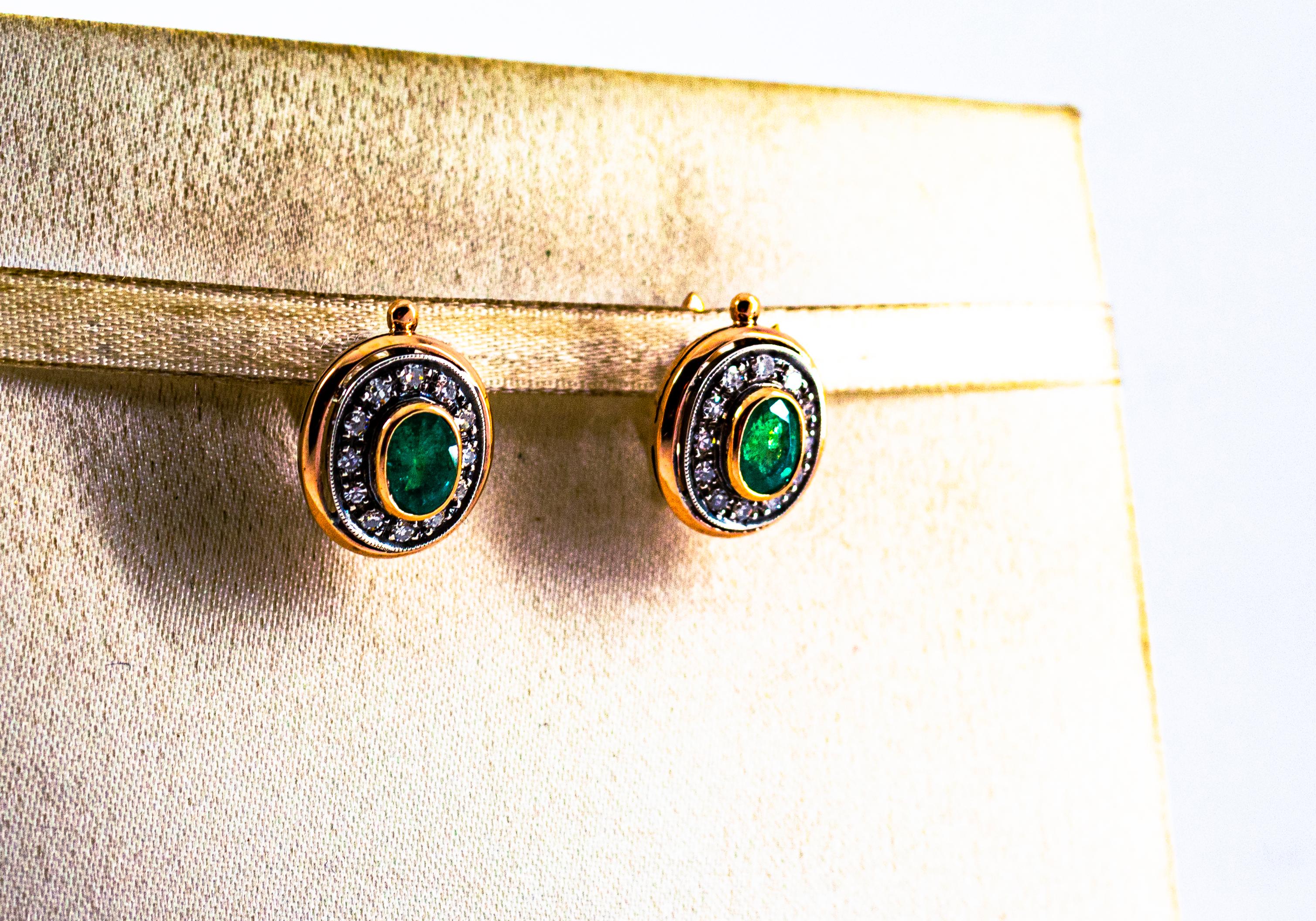 Art Deco 2.15 Carat White Diamond Oval Cut Emerald Yellow Gold Lever-Back Dangle Earrings For Sale