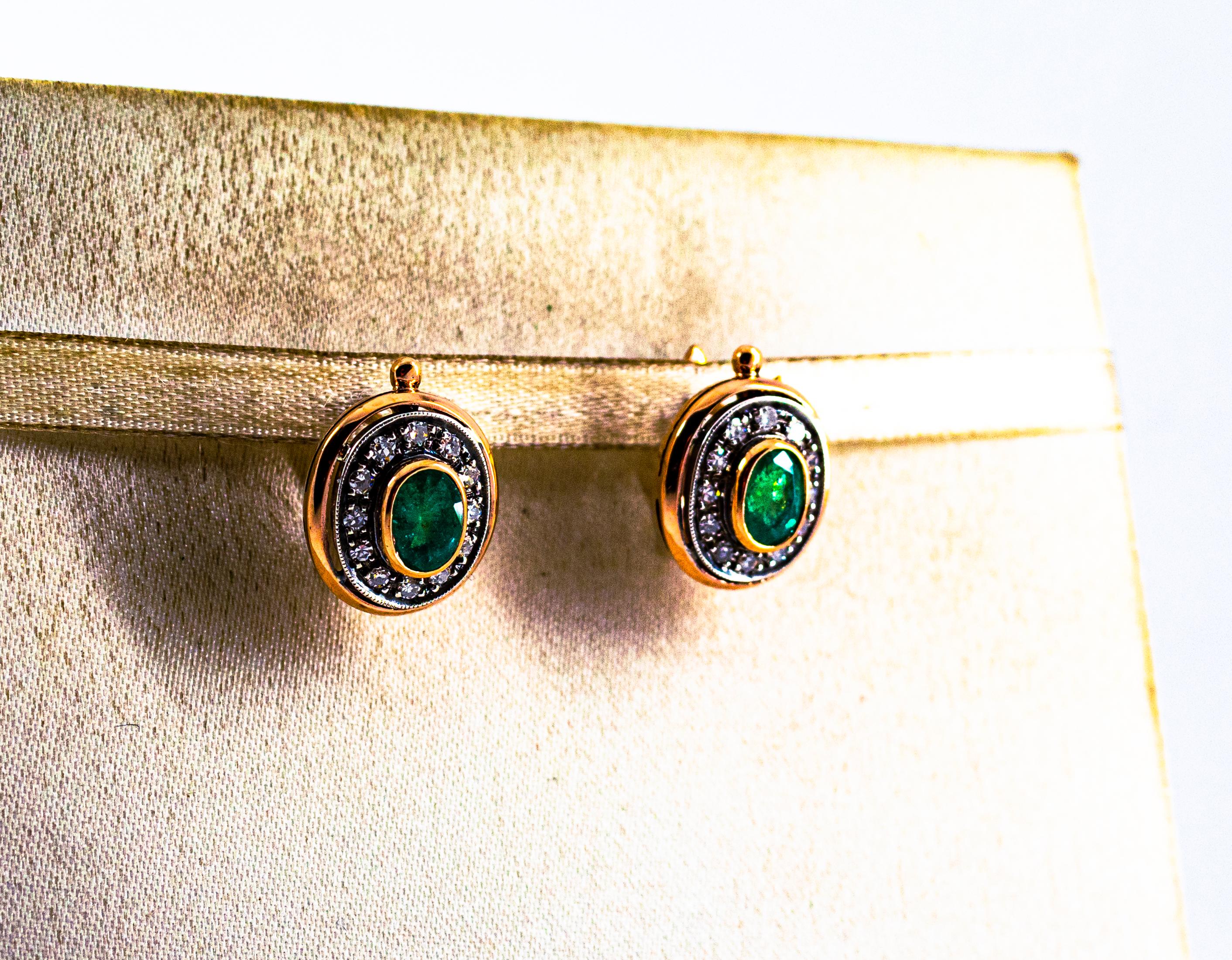Brilliant Cut 2.15 Carat White Diamond Oval Cut Emerald Yellow Gold Lever-Back Dangle Earrings For Sale