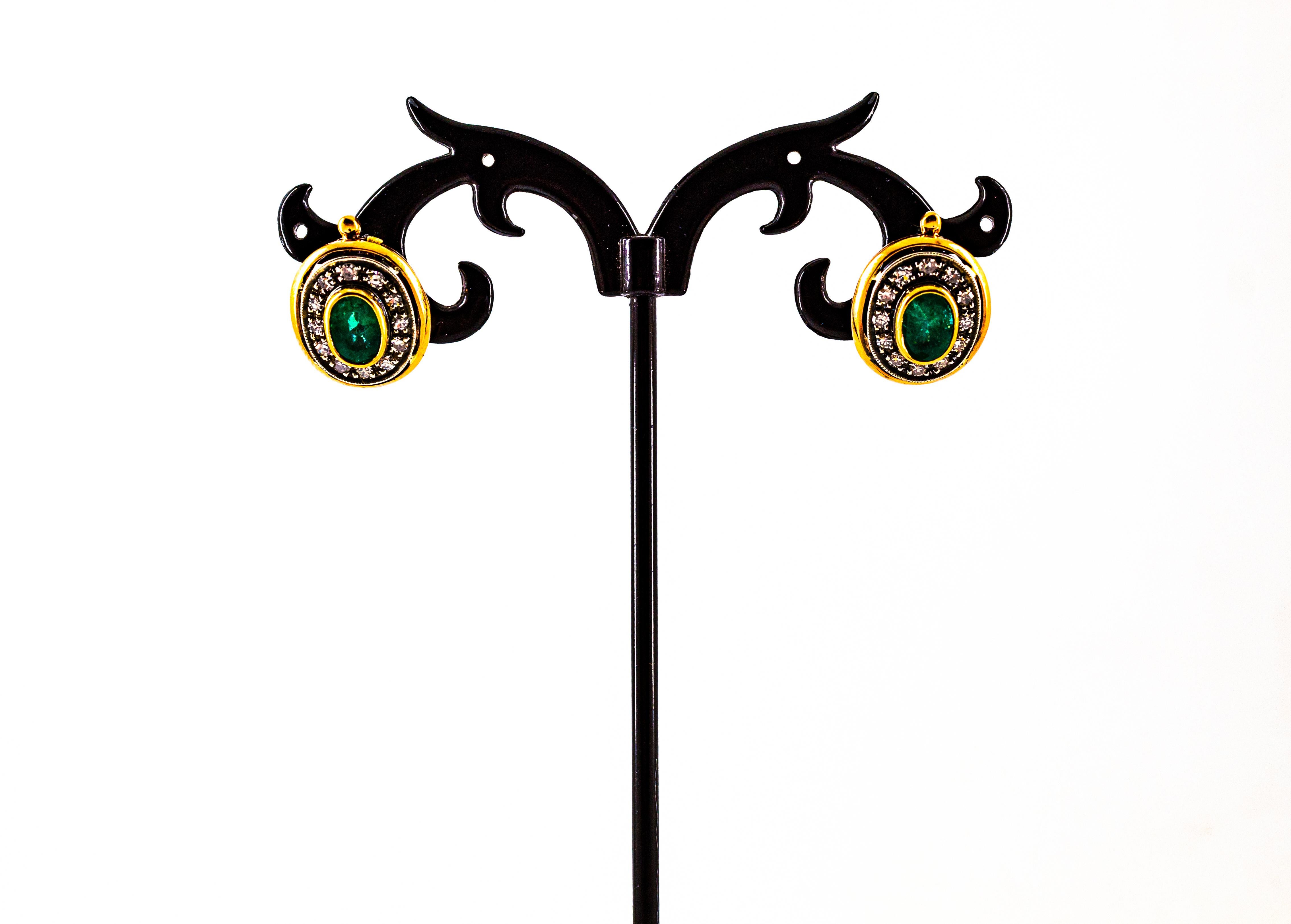 Women's or Men's 2.15 Carat White Diamond Oval Cut Emerald Yellow Gold Lever-Back Dangle Earrings For Sale