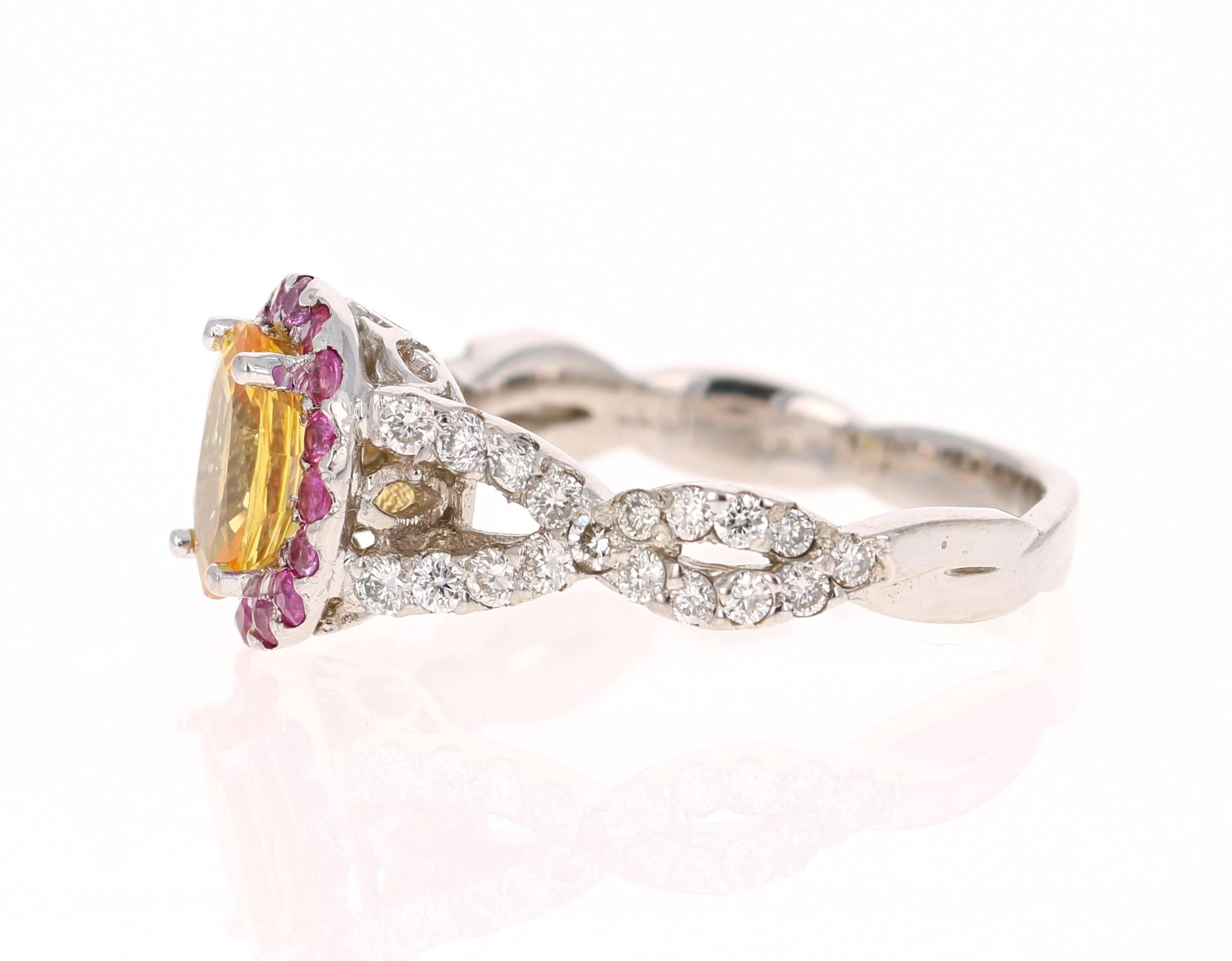 Contemporary 2.15 Carat Yellow Pink Sapphire Diamond 14 Karat White Gold Ring For Sale