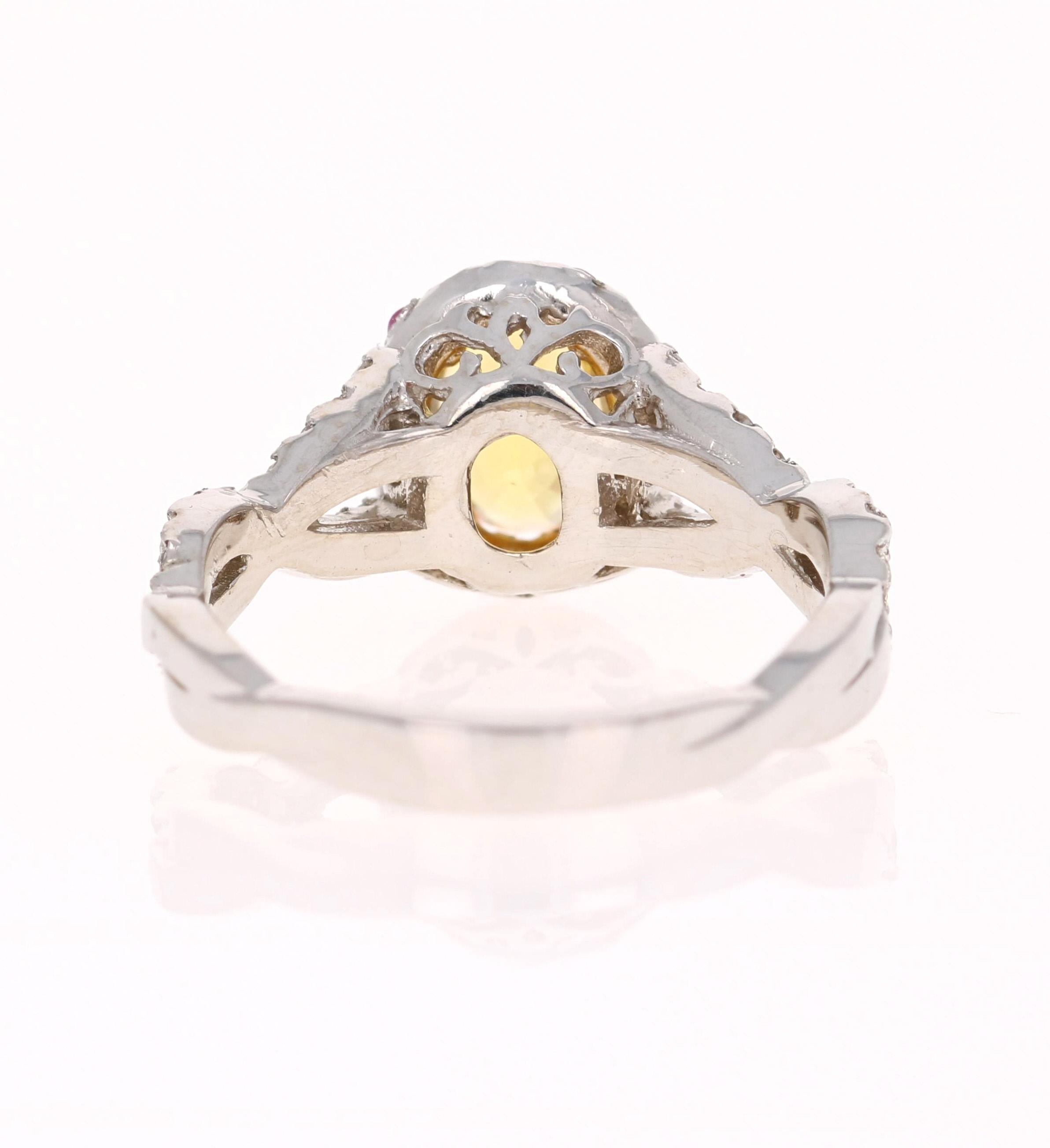 Oval Cut 2.15 Carat Yellow Pink Sapphire Diamond 14 Karat White Gold Ring For Sale