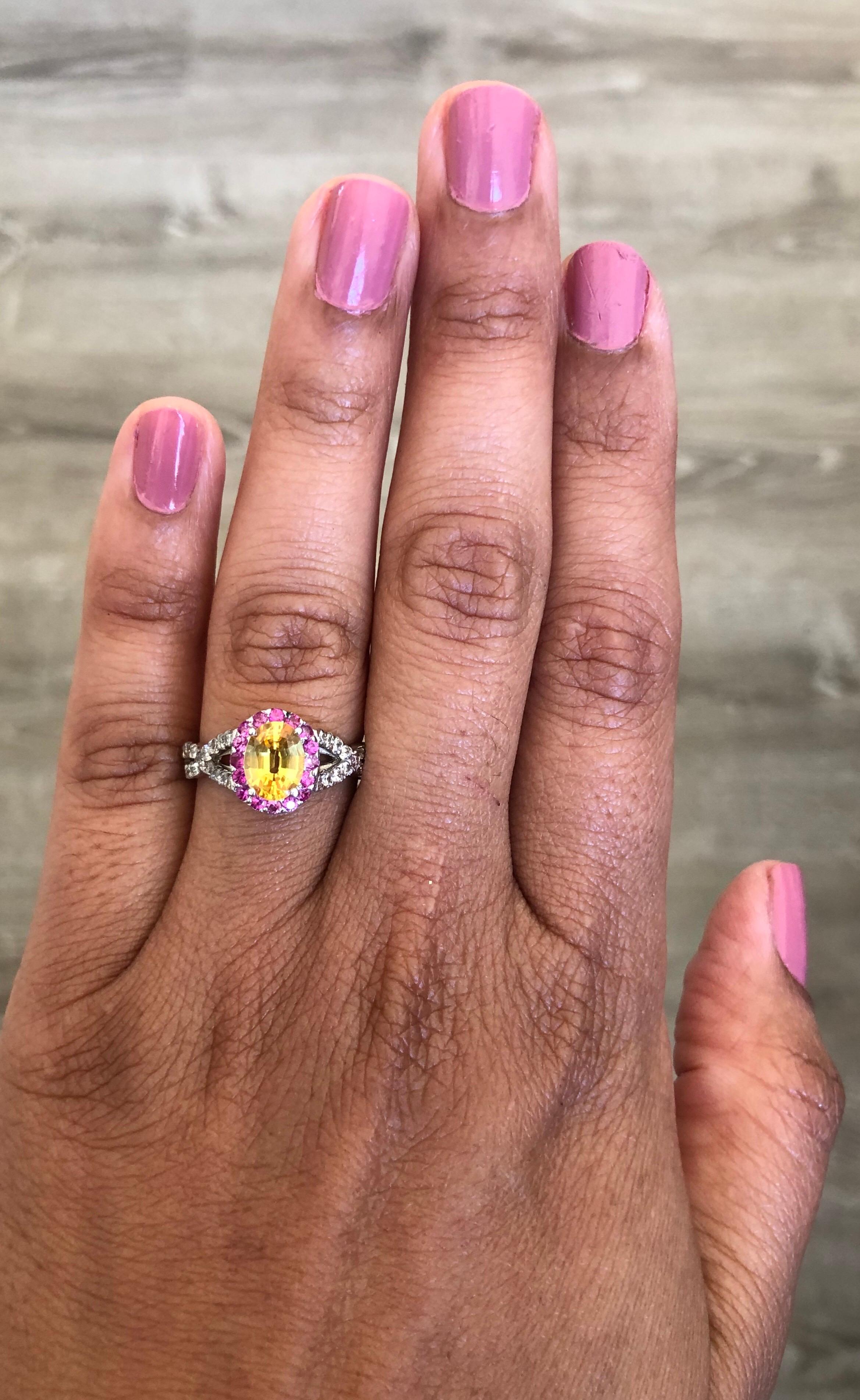 2.15 Carat Yellow Pink Sapphire Diamond 14 Karat White Gold Ring In New Condition For Sale In Los Angeles, CA