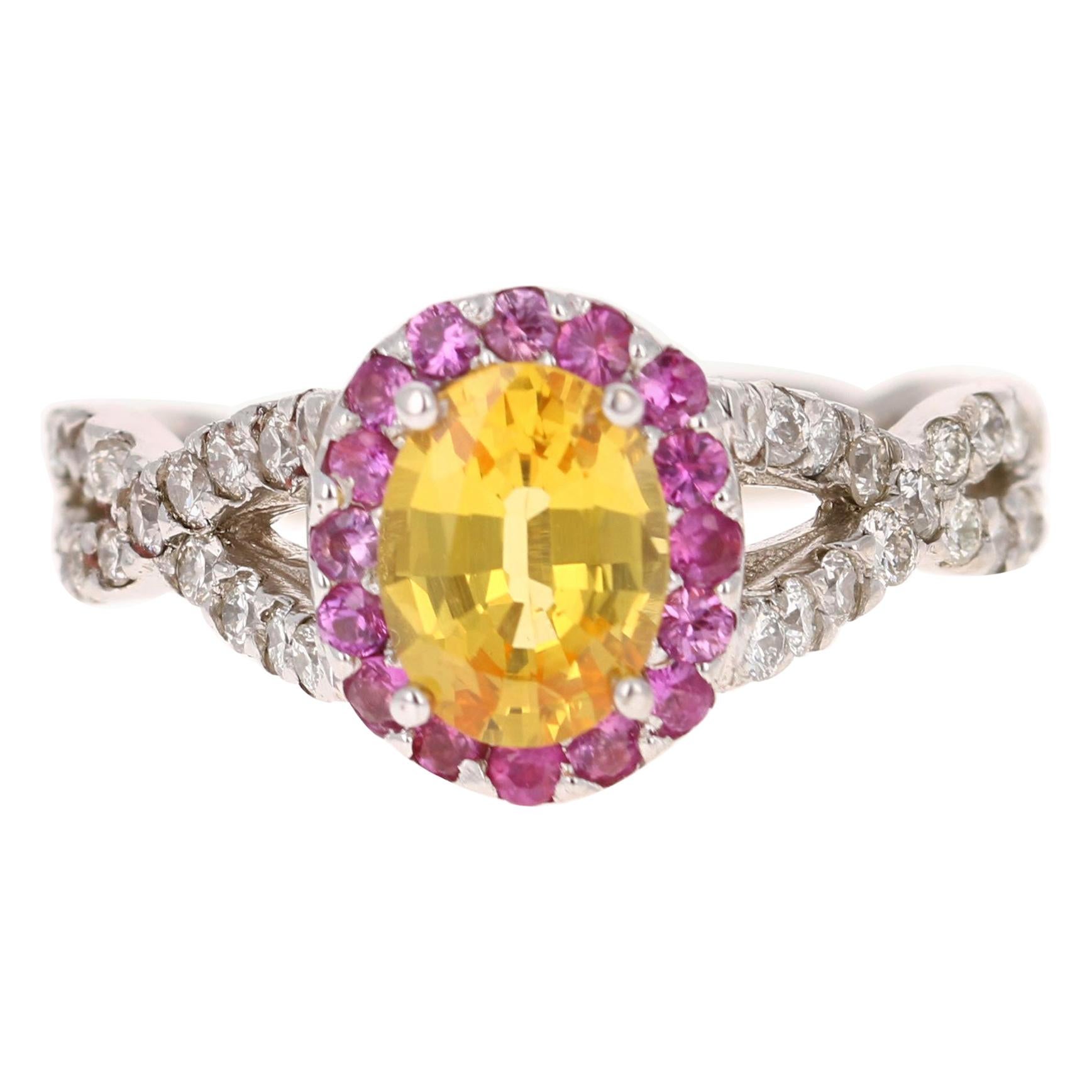 2.15 Carat Yellow Pink Sapphire Diamond 14 Karat White Gold Ring For Sale