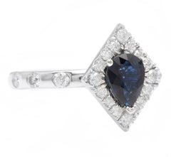 2.15 Carats Exquisite Natural Blue Sapphire and Diamond 14K Solid White Gold Rin
