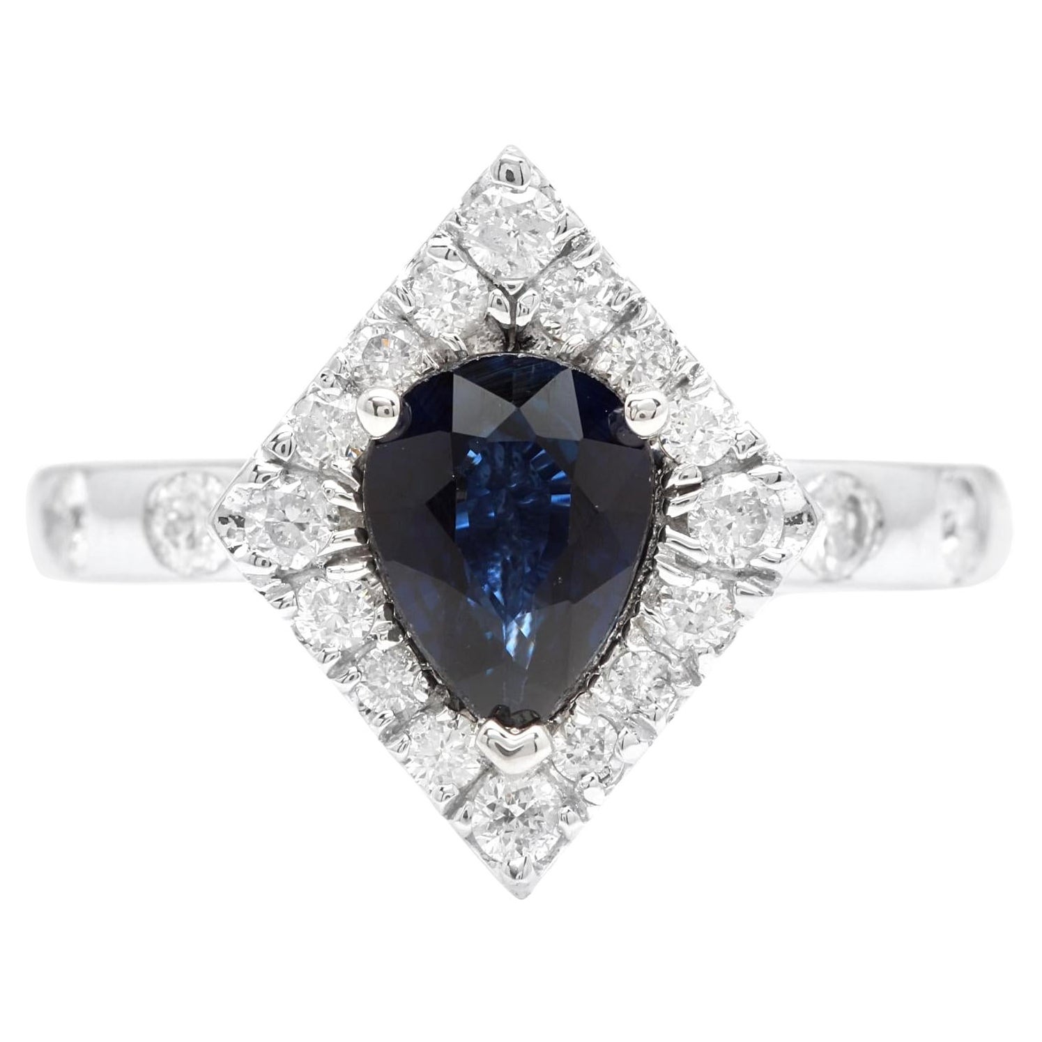 2.15 Carats Exquisite Natural Blue Sapphire and Diamond 14K Solid White Gold Rin