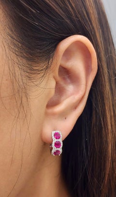 2.15 Carat Natural Ruby and Diamond 18K White Gold Huggies