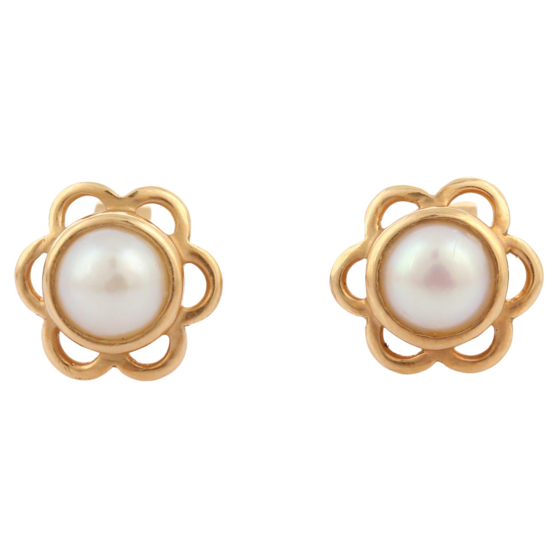 2.15 Ct Freshwater Pearl 14K Yellow Gold Dainty Floral Stud Earrings