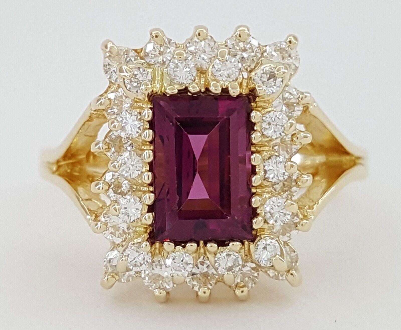 Emerald Cut 2.15 ct Total Weight Baguette Cut Garnet & Round Brilliant Cut Diamond Ring For Sale