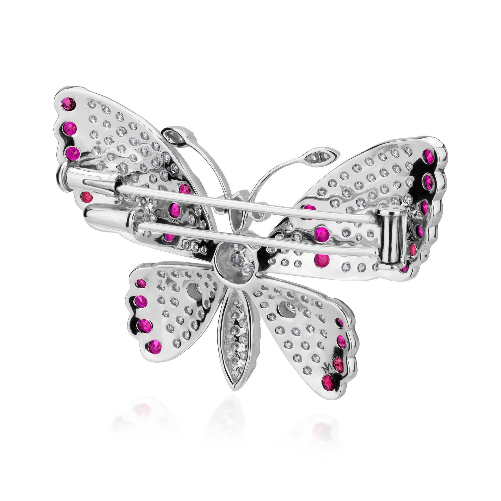 Contemporary 2.15 ct. t.w. Diamond and 1.45 ct. t.w. Ruby Butterfly Brooch in 18k White Gold