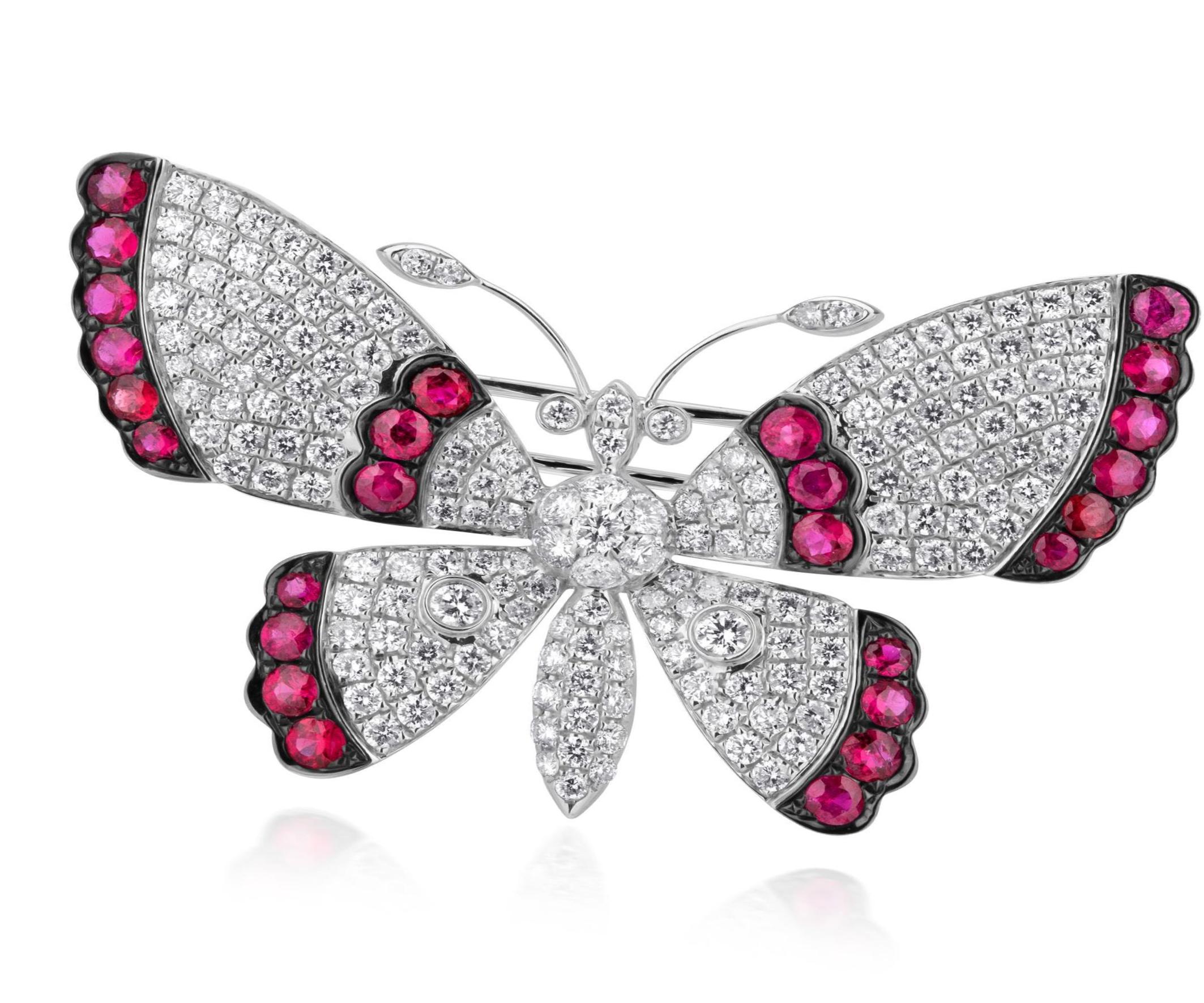 Round Cut 2.15 ct. t.w. Diamond and 1.45 ct. t.w. Ruby Butterfly Brooch in 18k White Gold