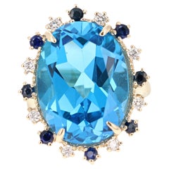 21.50 Carat Blue Topaz Diamond Yellow Gold Cocktail Ring
