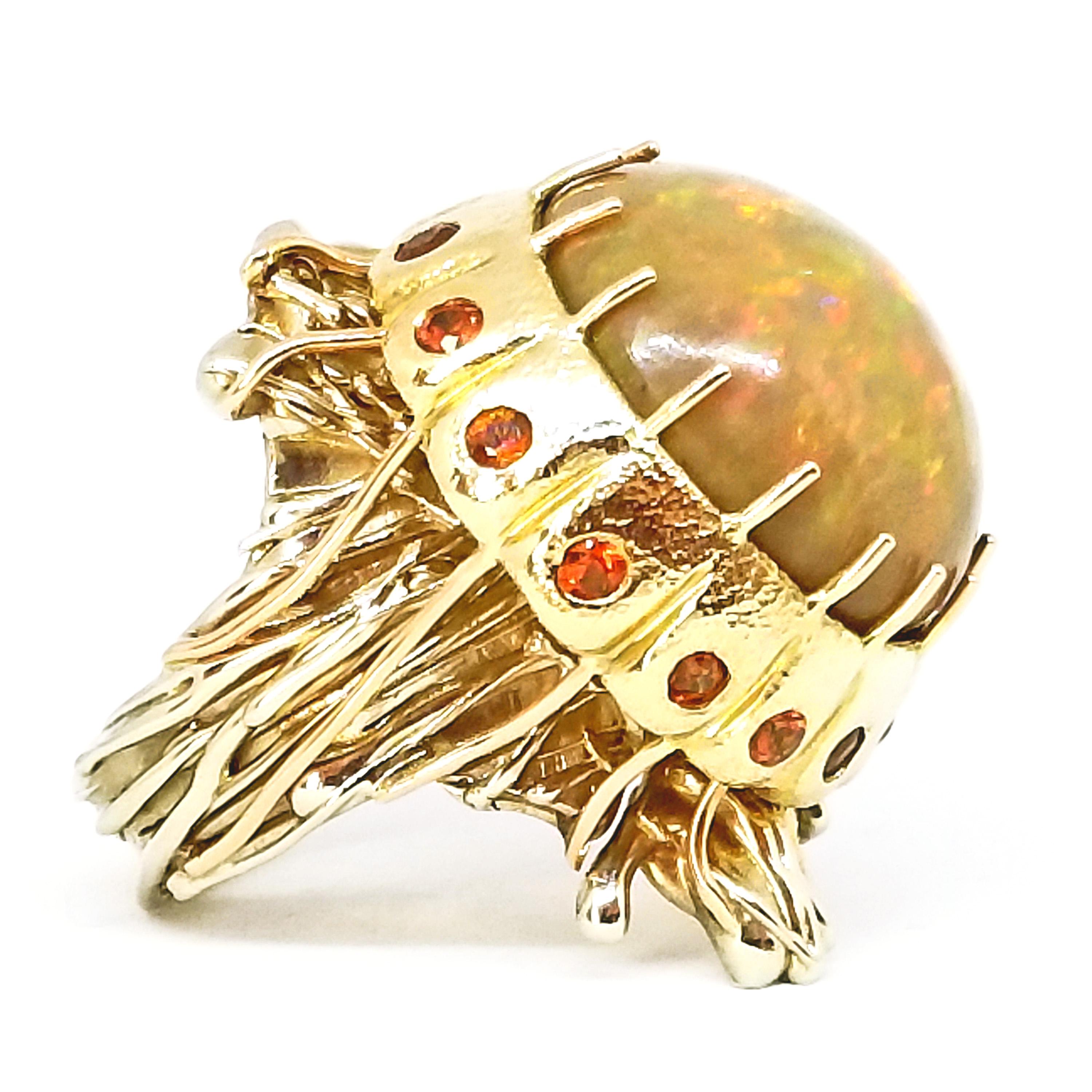 21.50 Karat natürlicher äthiopischer Opal intensiv orangefarbener Saphir Jellyfish Ring (Rundschliff) im Angebot