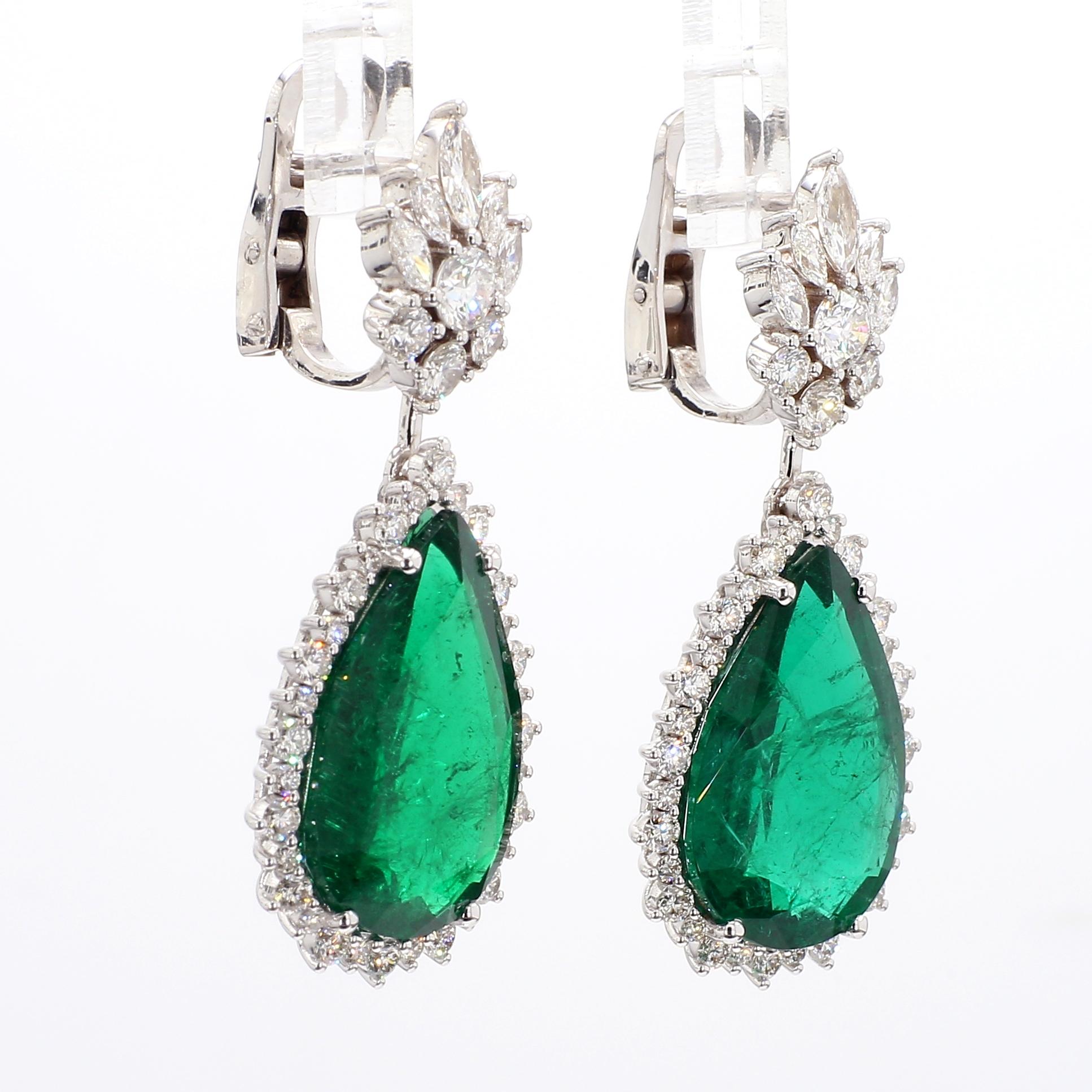 21.50 Carat Vivid Emerald & Diamond Drop Earrings GRS Certified, 18k White Gold. For Sale 1