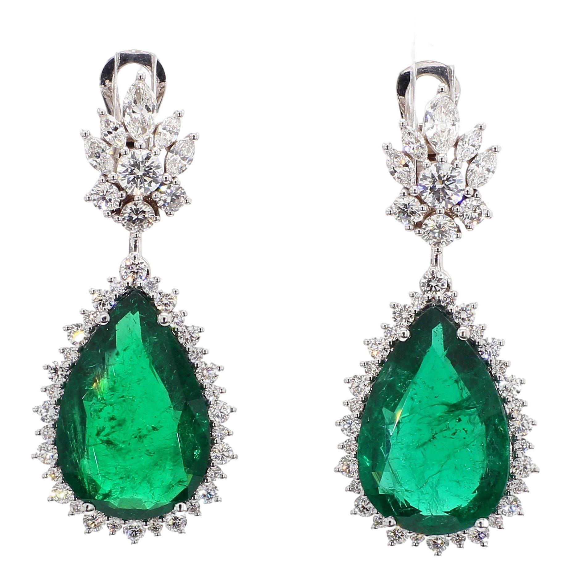 21.50 Carat Vivid Emerald & Diamond Drop Earrings GRS Certified, 18k White Gold. For Sale