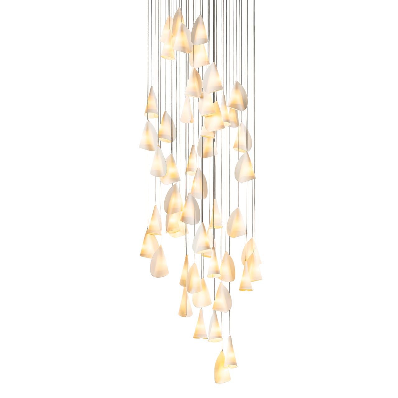 21.50 Porcelain chandelier lamp by Bocci
Dimensions: D 75.5 x W 75.5 x H 300 cm 
Materials: Porcelain, borosilicate glass, braided metal coaxial cable, electrical components, brushed nickel canopy. 
Lamping: 1.5w LED or 20w xenon. Non-dimmable.