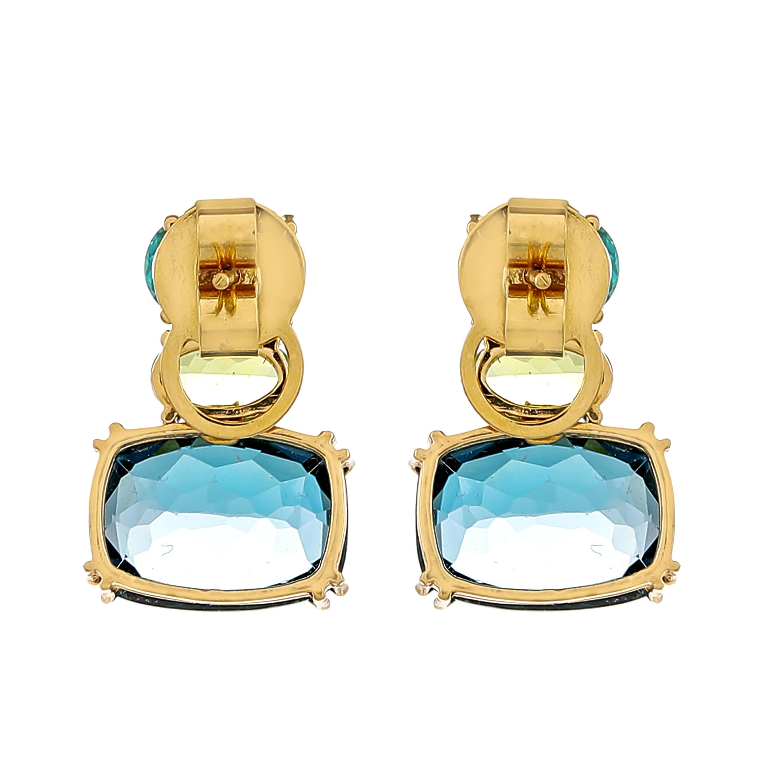 Modern 21.51 Carat Apatite Peridot and Sky Blue Topaz 18 Karat Yellow Gold Earrings