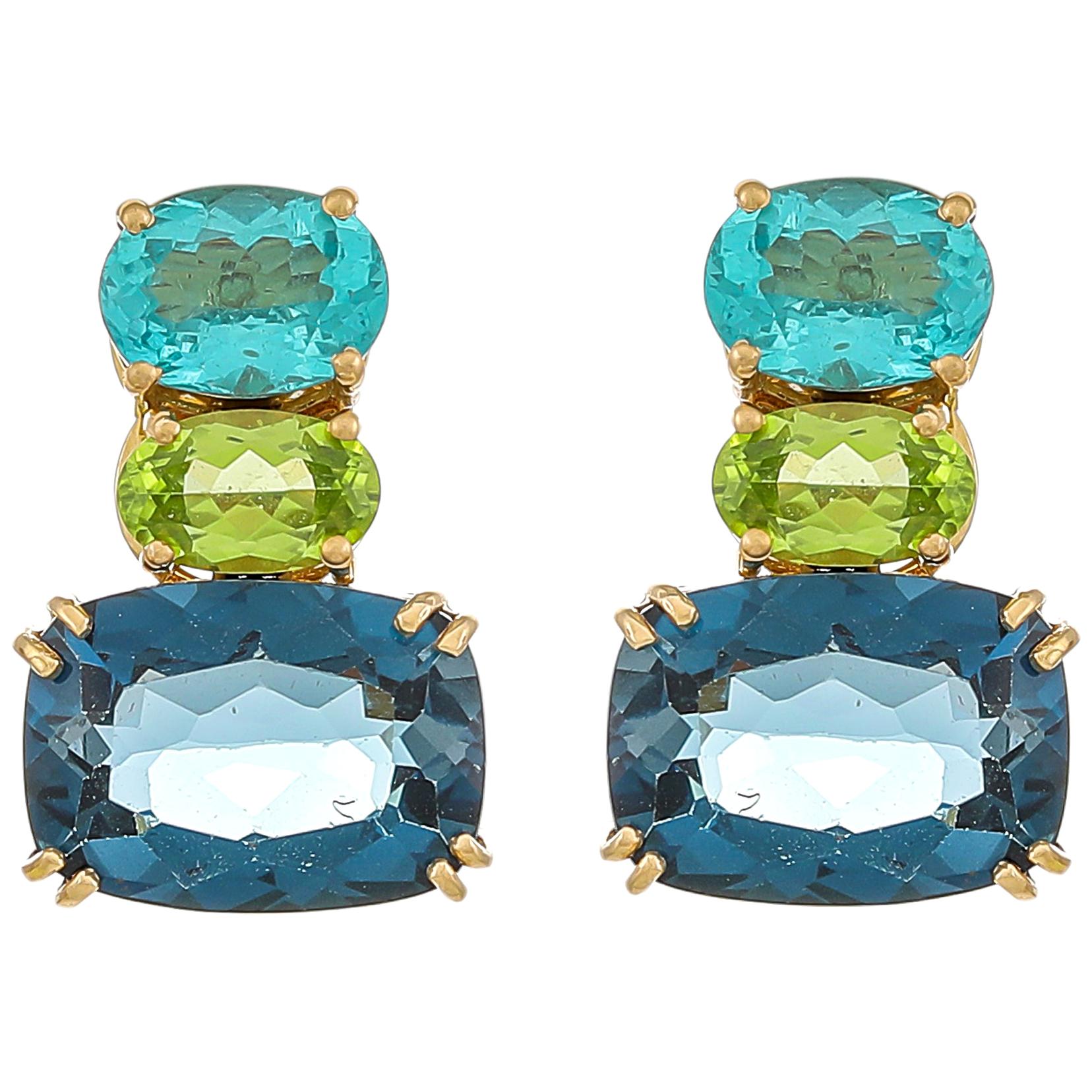 21.51 Carat Apatite Peridot and Sky Blue Topaz 18 Karat Yellow Gold Earrings