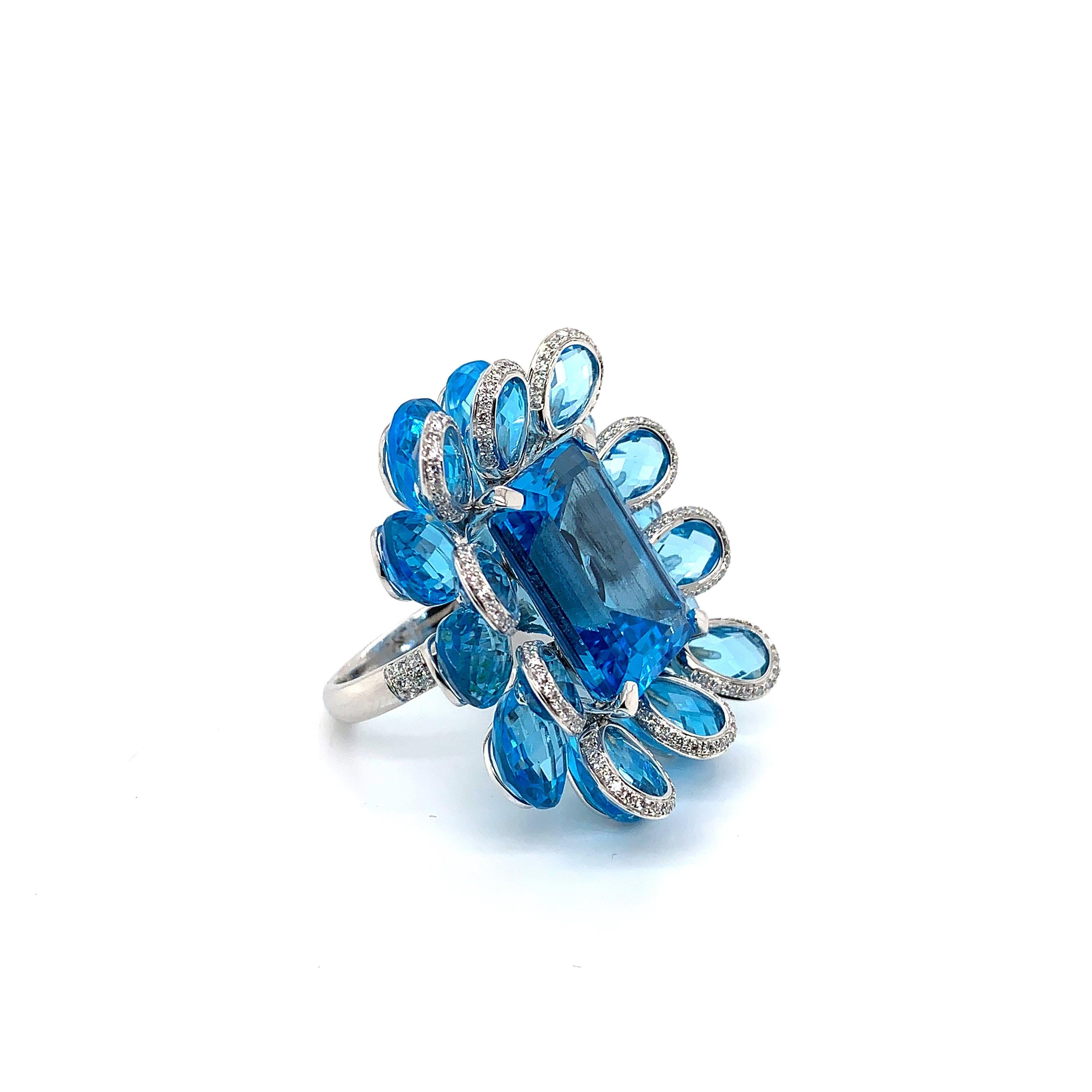 Women's 21.5 Carat Blue Topaz and Diamond Floral Ring in 18 Karat White Gold For Sale