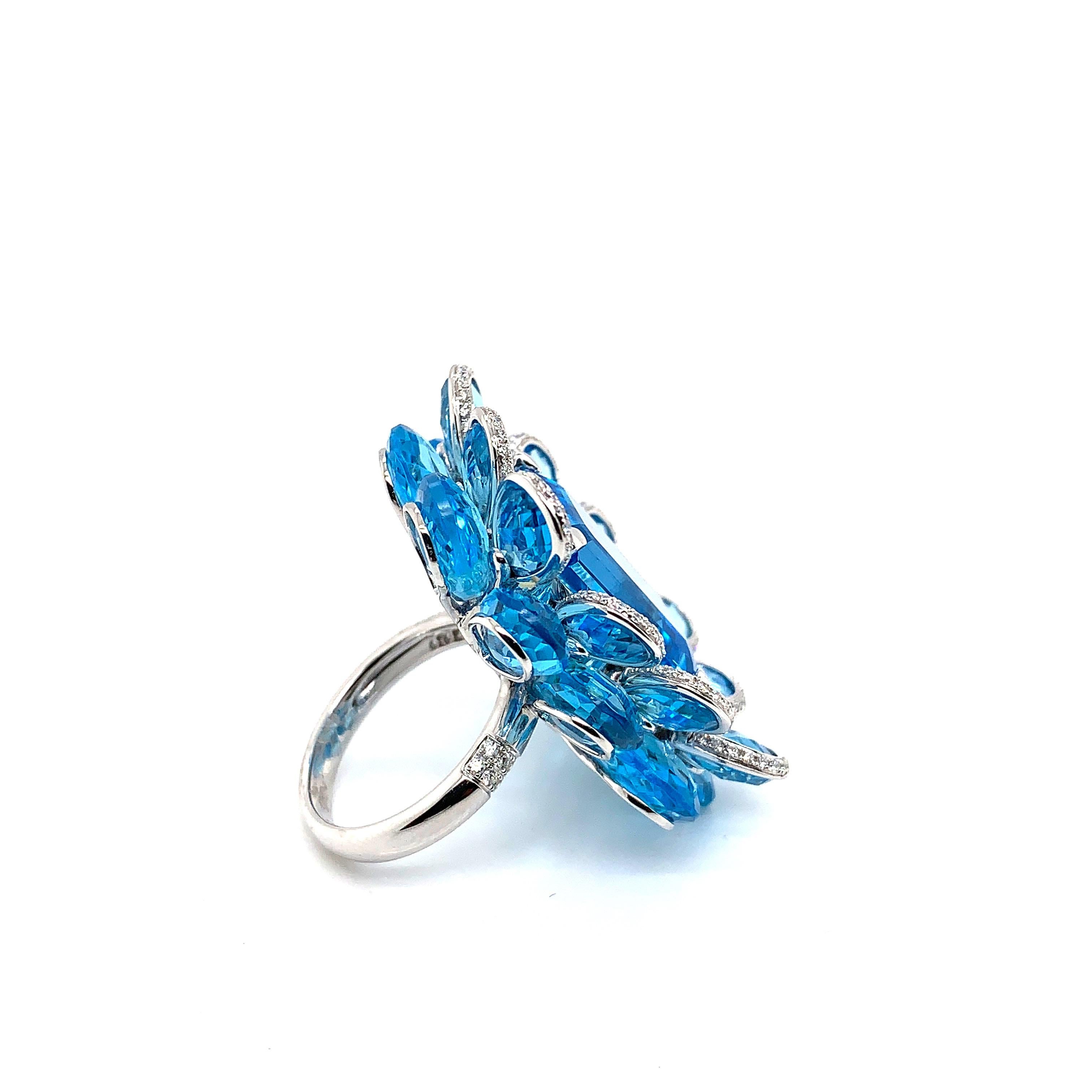 21.5 Carat Blue Topaz and Diamond Floral Ring in 18 Karat White Gold For Sale 1
