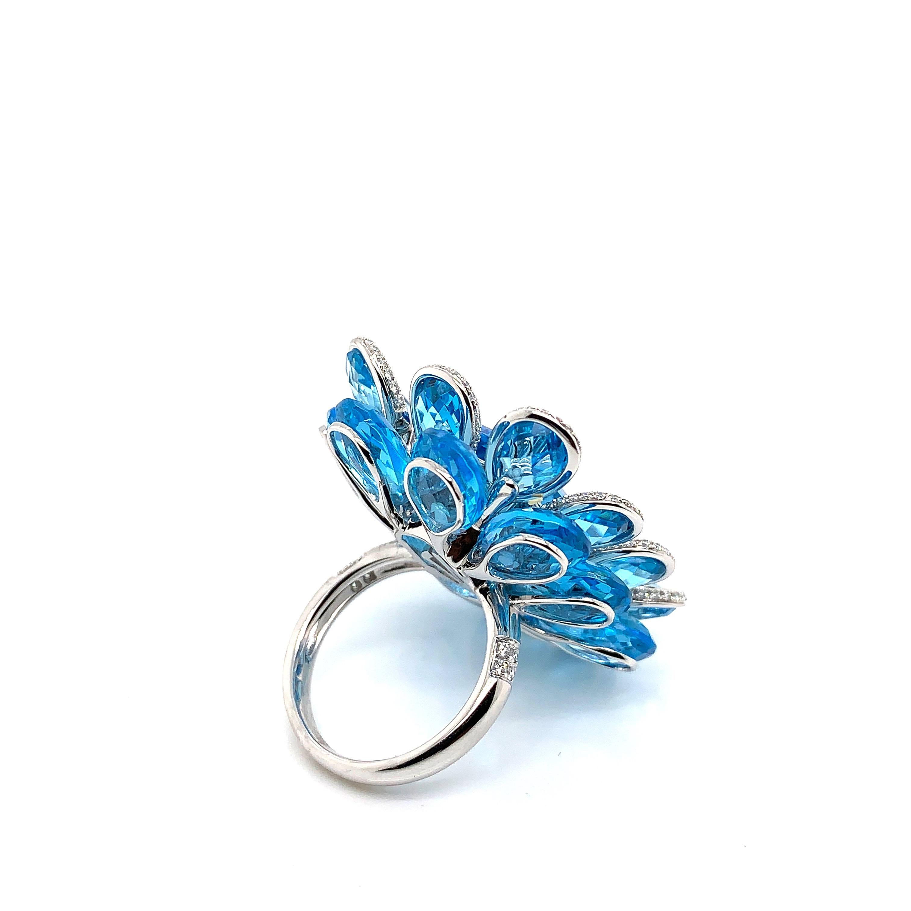 21.5 Carat Blue Topaz and Diamond Floral Ring in 18 Karat White Gold For Sale 2